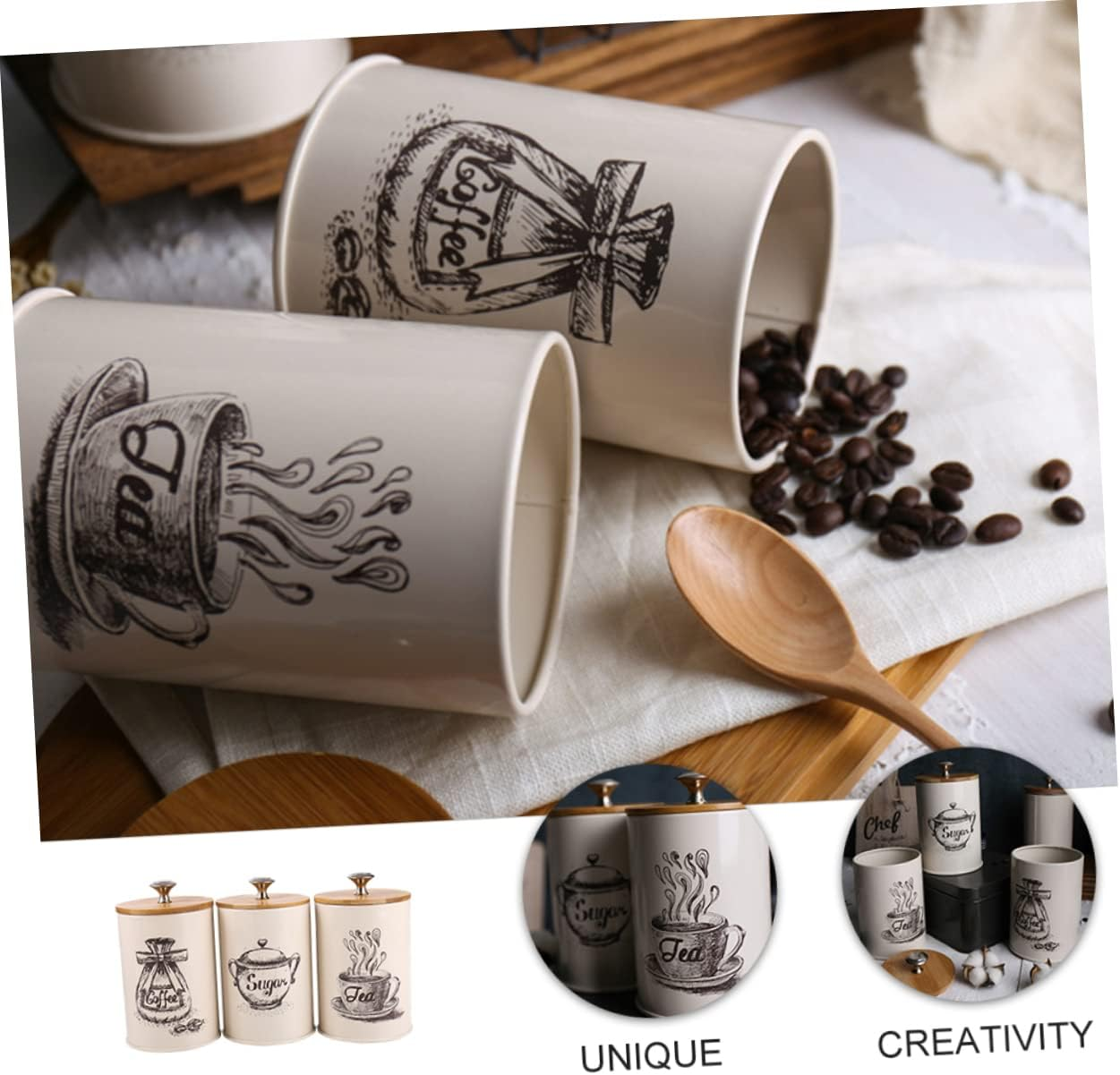 LABRIMP 3Pcs Vintage Kitchen Storage Jars Airtight Coffee Tea and Sugar Canisters with Lids Decorative Dry Food Containers for Home Organization image number 5