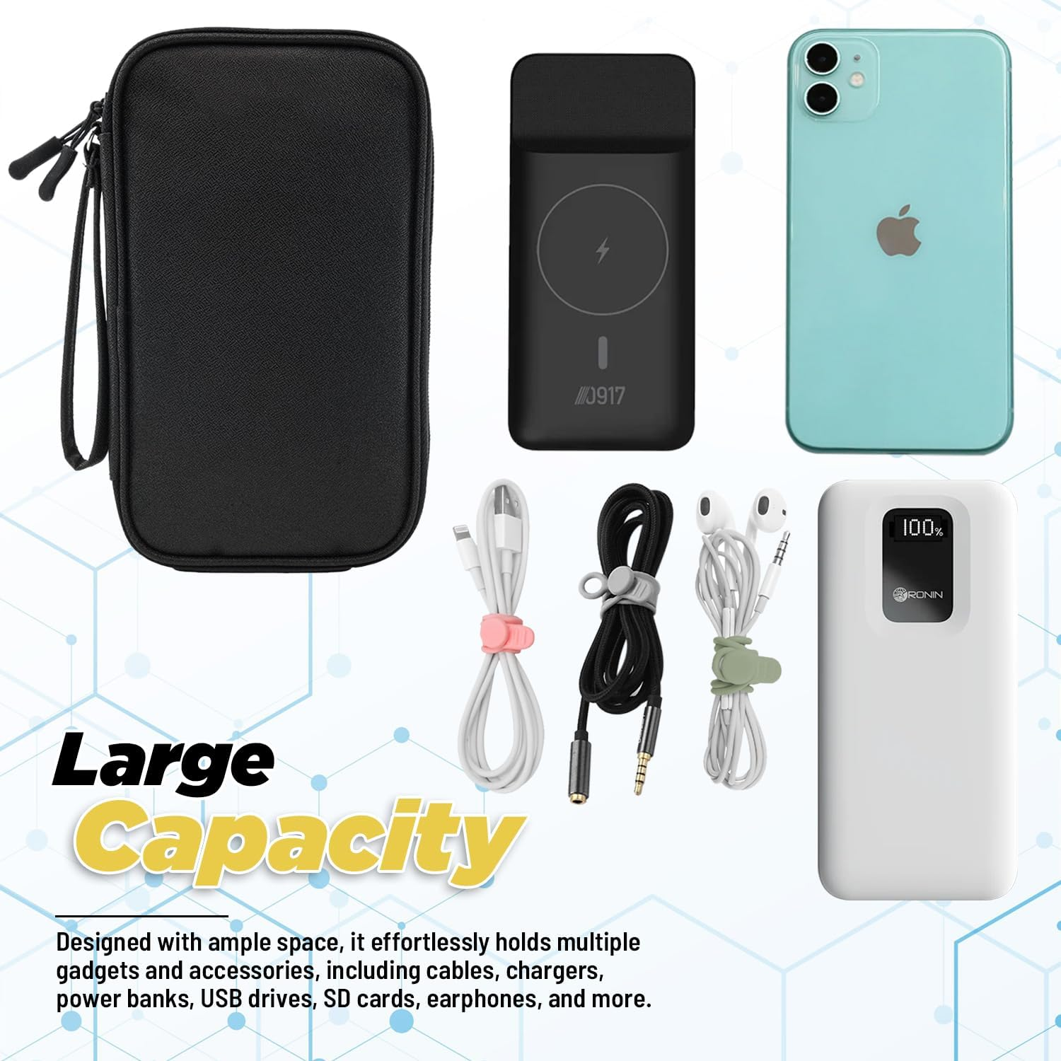 Cable Organiser Bag with Bonus Silicone Cable Ties - Double Layer Waterproof Travel Case for Electronics | Compact Pouch with SD Card Slots, USB Cable Holder | Travel Organiser for Power Cords - Pink image number 5