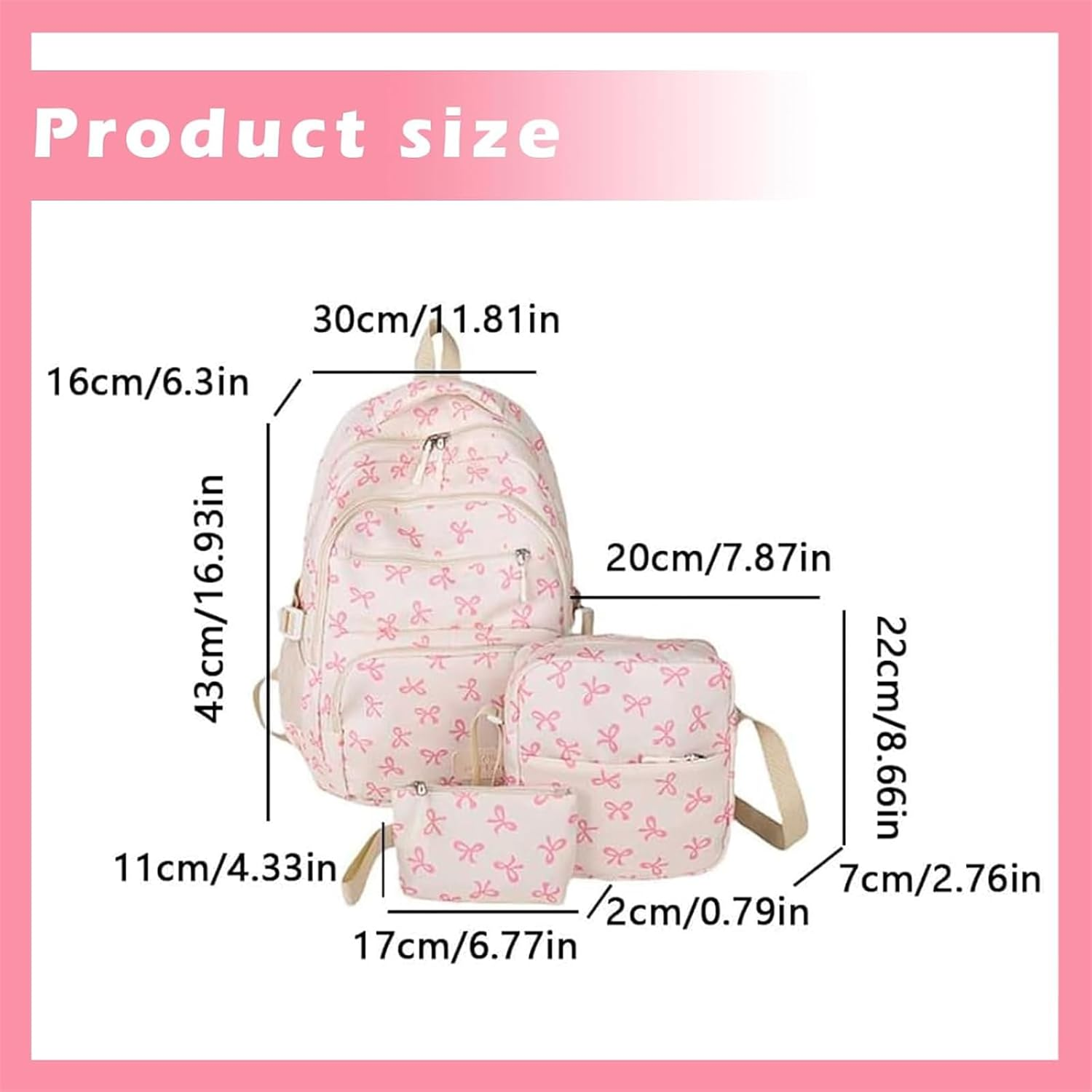 3Pcs Set Bow Backpack for Girls, Nylon Coquette Backpack with Bow Pattern, Cute Comfy, for Everyday Travel, College image number 1
