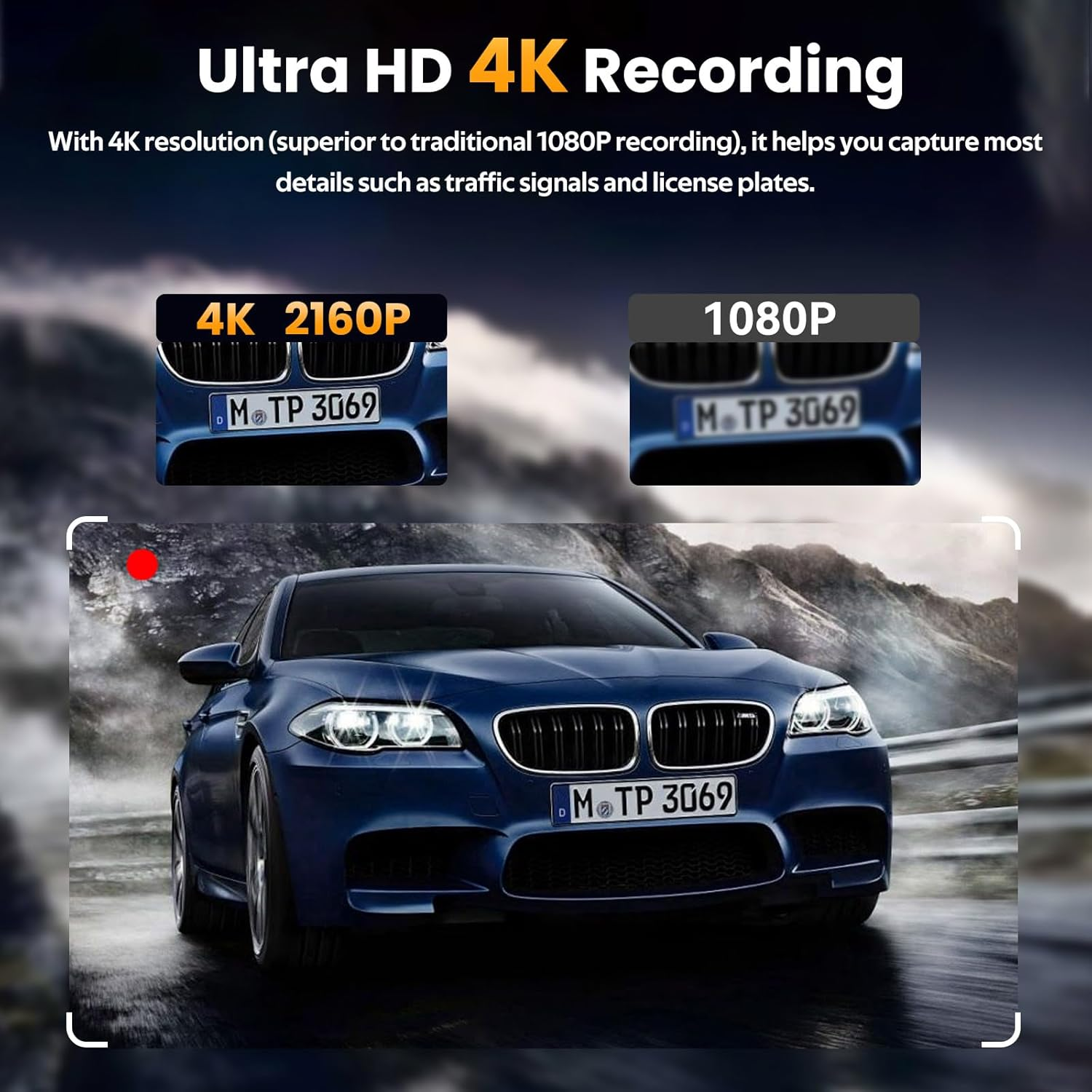 V02 Dash Cam for Cars 4K 2160P Car Dash Camera Recorder 3.18Inch Screen Dashboard Camera with 64GB Card，170&deg; Wide Angle, Super Night Vision, WDR, Loop Recording, G-Sensor, Motion Detection image number 6