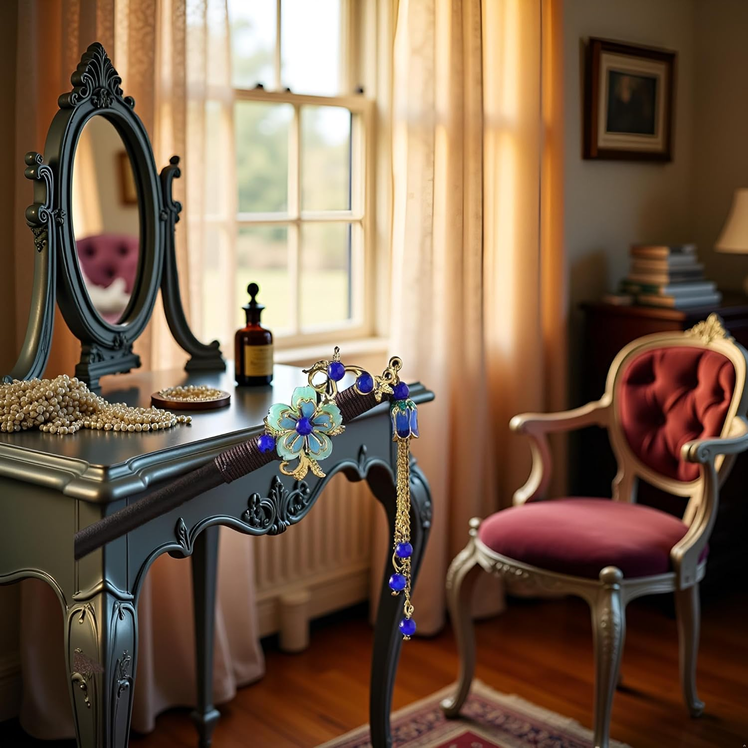 Jjlfresheners Blue Retro Vintage Flower Hair Stick - Wooden Hairpin with Tassel, Hair Securing for Wedding, Hairdressing, Hair Accessories for Adult Women - 1 Count image number 6