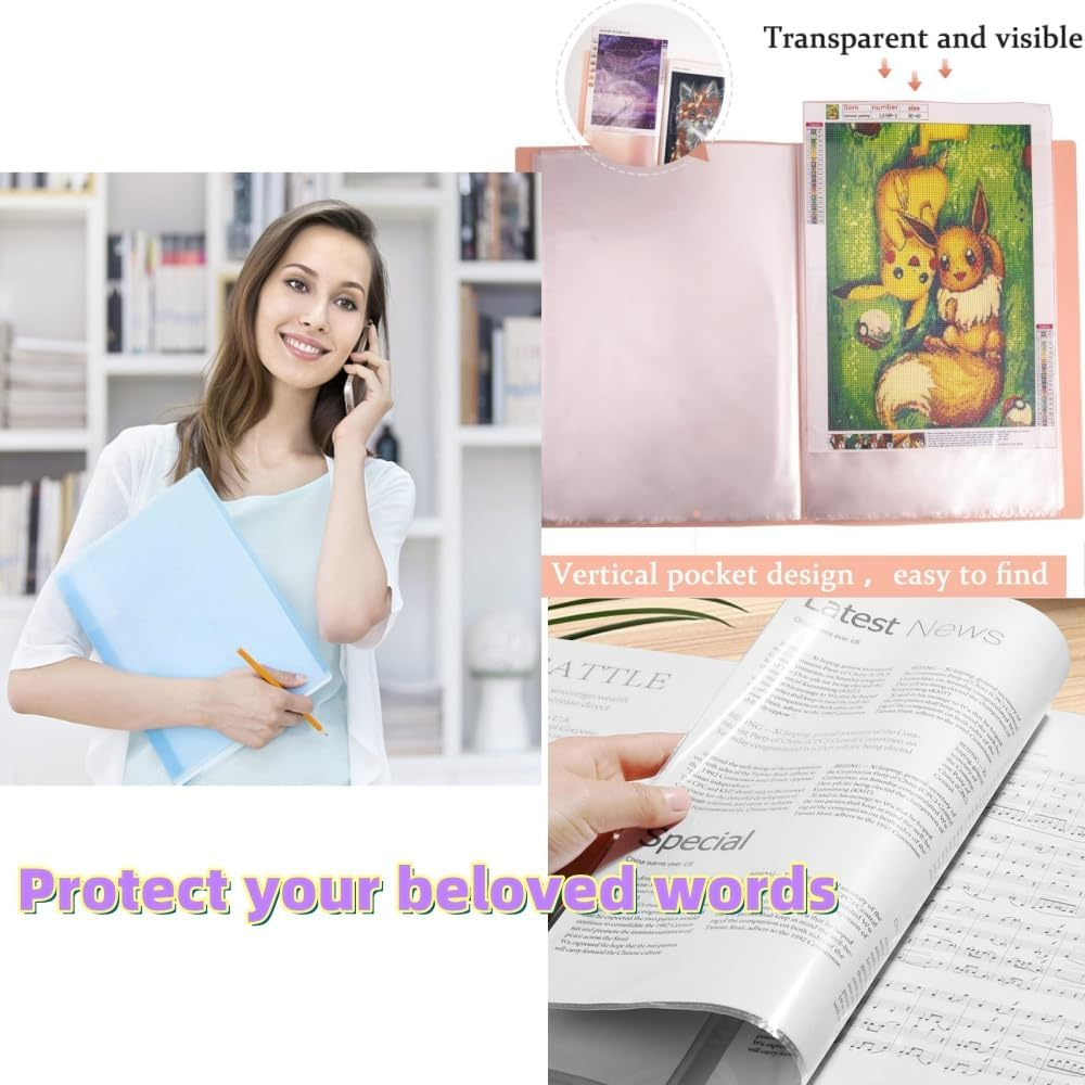 2Pcs Presentation Book with Clear Sheet Protectors, 60 Pockets A4 Portfolio Folder Binder Display for Document, Kids Artwork, Diamond Painting（Pink+Blue） image number 1