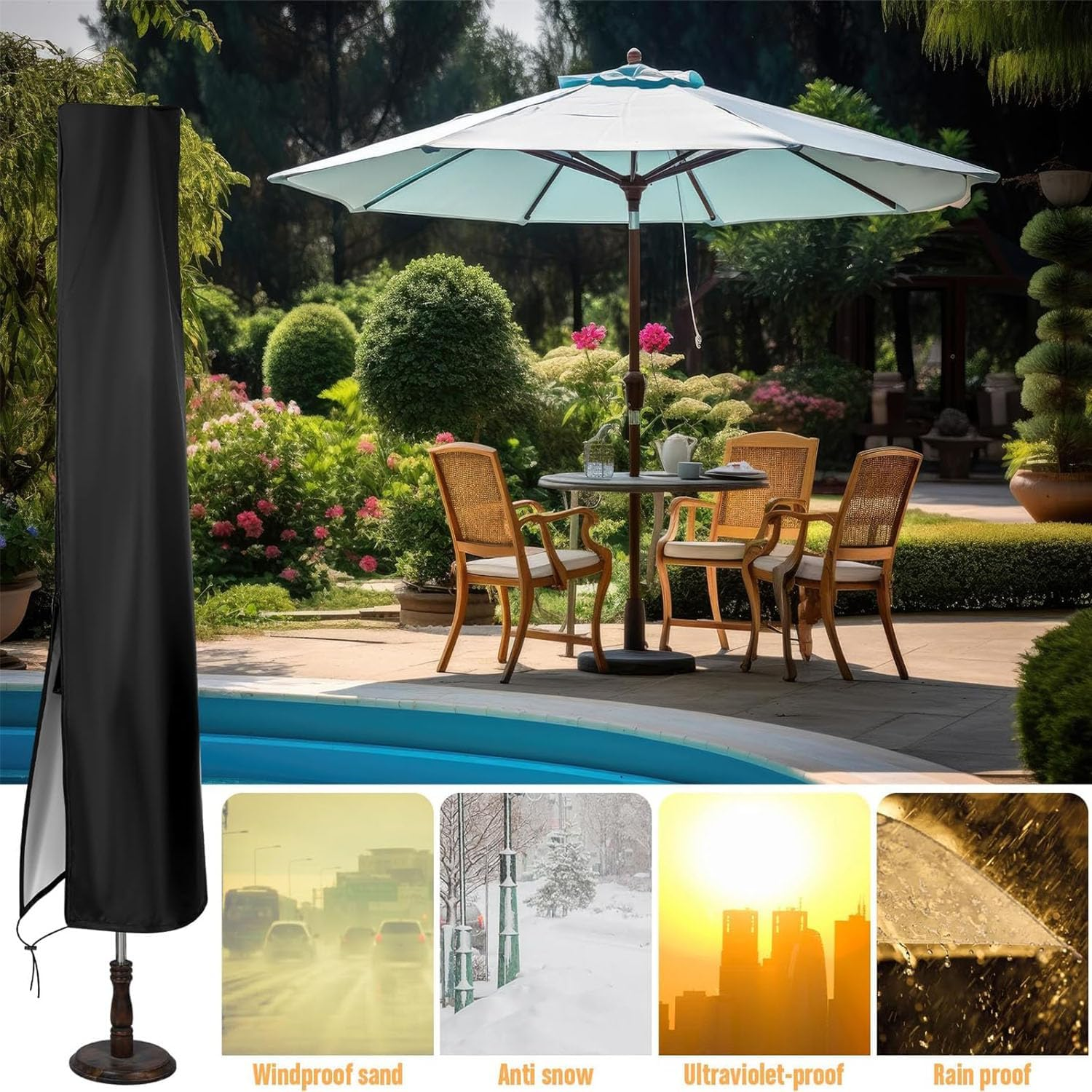 Patio Umbrella Cover, Black Waterproof Patio Parasol Covers with Zipper and Storage Bag, Outdoor Garden Windproof Anti-Uv Protective Cover Fit for 2-3M Outdoor Parasol (240X57X57Cm) image number 3