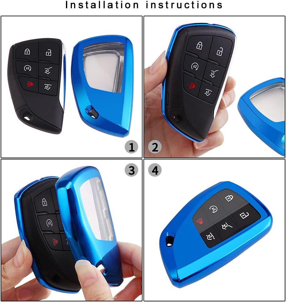 Key Fob Cover Compatible with Chevy Suburban Z71 Silverado 1500 GMC Yukon Denali Sierra 1500 Buick Envision Avenir 2022 2023 2024, 2024 Silverado Sierra 2500HD 3500HD (Blue) - White image number 5