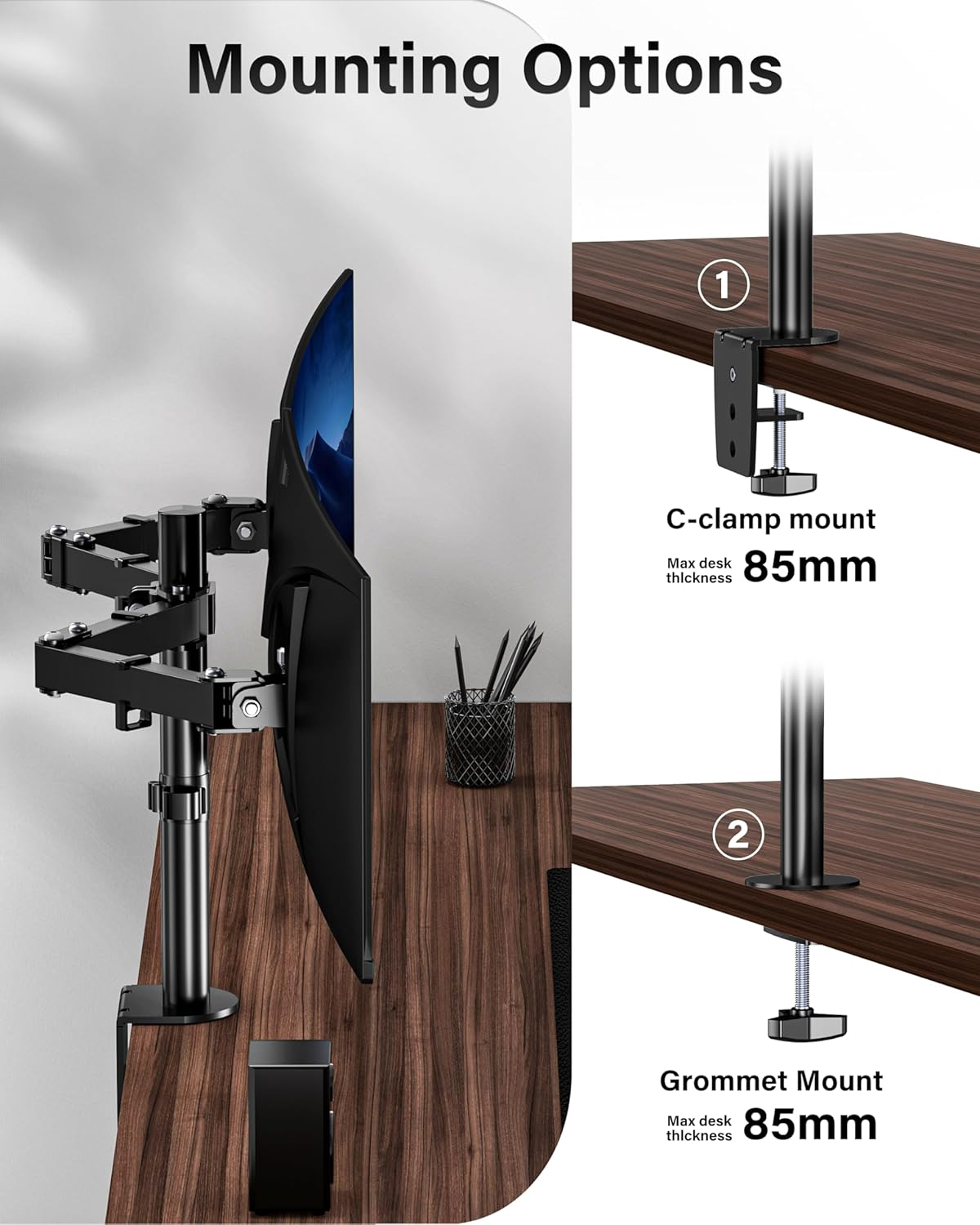 HEYMIX Dual Monitor Stand, VESA Monitor Arm, Double Monitor Mount Height Adjustable for 2 LCD 17-32" Gaming Screens, Dual VESA Arm Mount 75Mm/100Mm, C-Clamp & Grommet 2-Way Assembling image number 3
