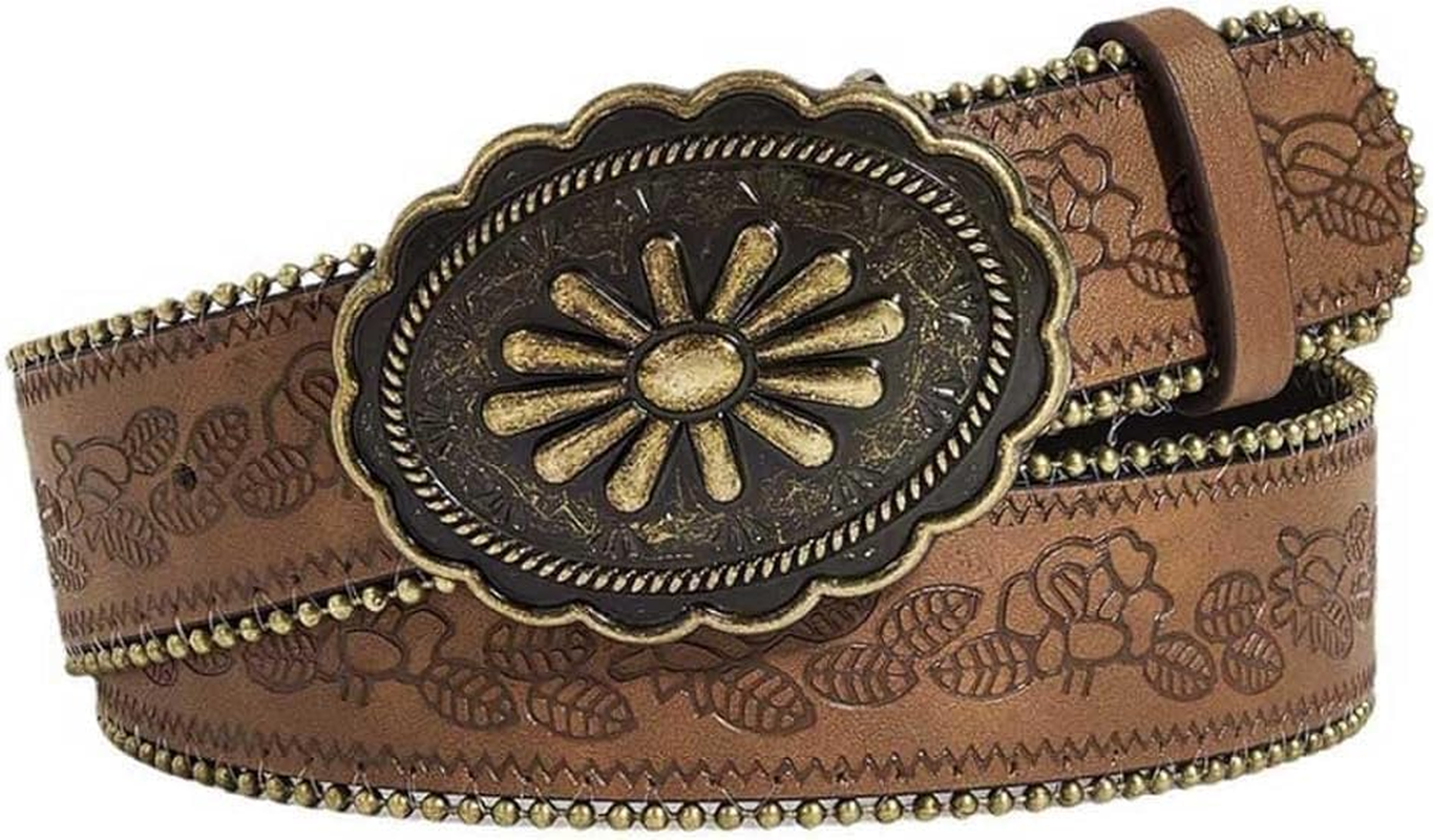 Western Style Belt for Women & Men - Vintage Cowboy Leather Belt with Adjustable Buckle, Brown Faux Leather Country Belt for Jeans, Rodeo & Western Themed Parties