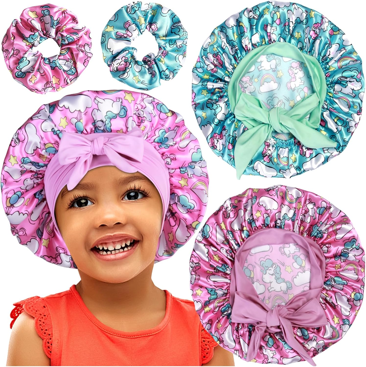 2+2 Satin Bonnets with Scrunchies for Kids, Cute Hair Bonnets for Girls Sleeping Curly Hair, E