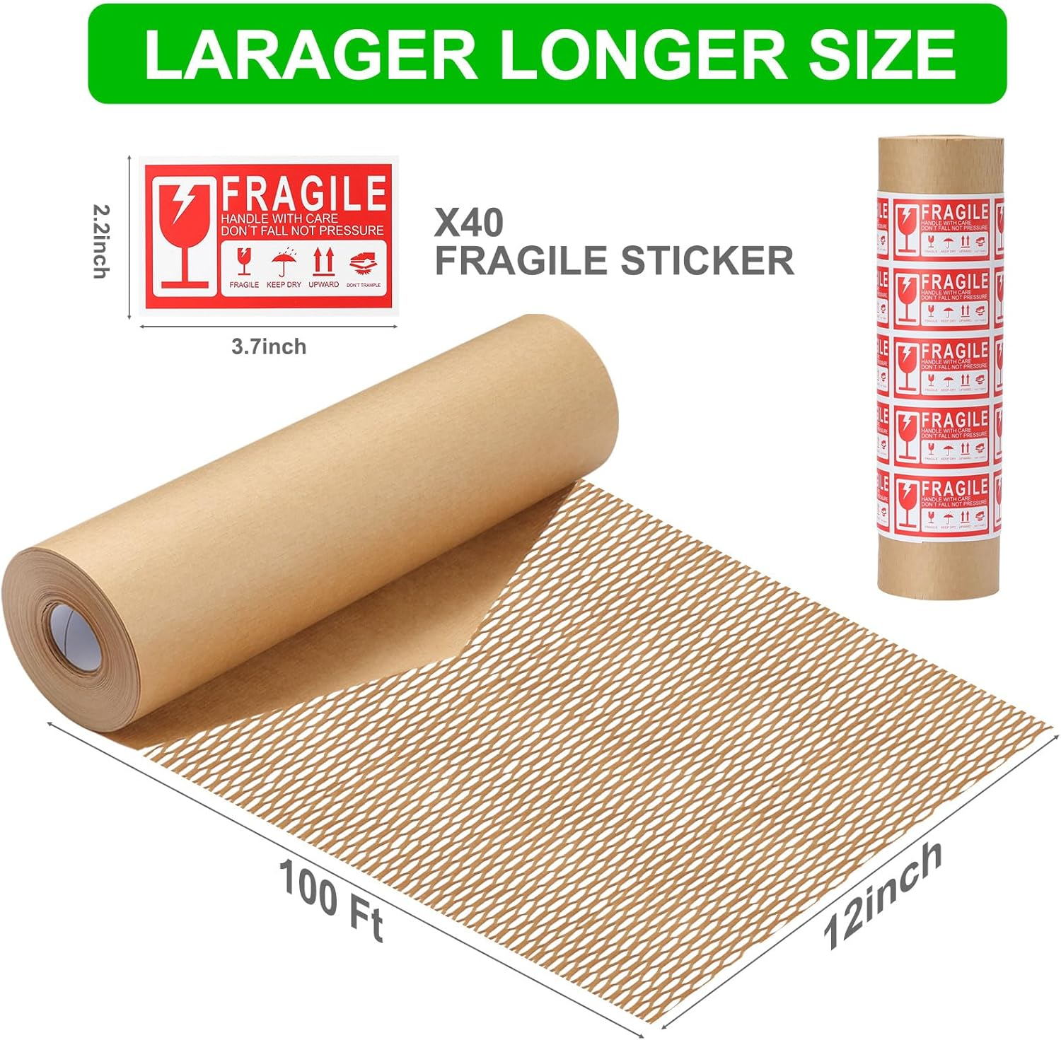 Honeycomb Packing Paper 12&rdquo; X 100&rsquo; Moving Suppliers Bubble Cushioning Wrap Paper Roll for Moving/Shipping/Packing with 80 Fragile Sticker Protective Eco Friendly & Recyclable