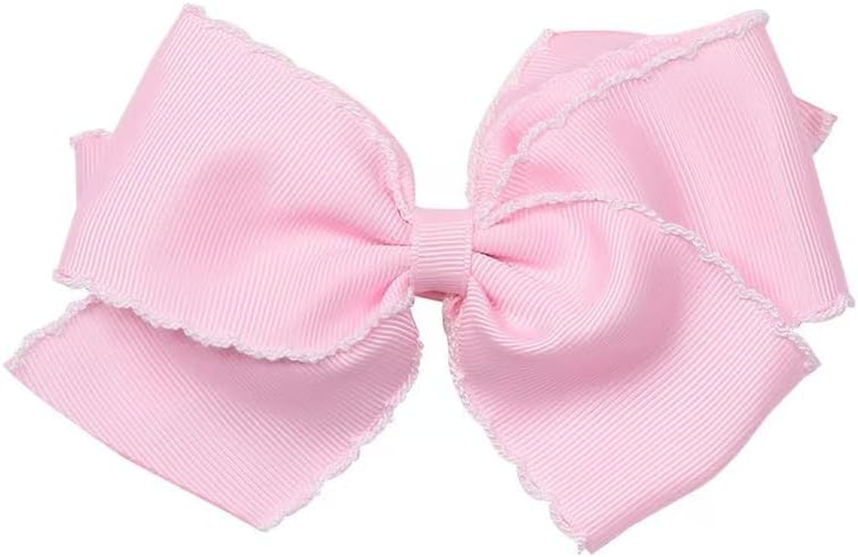 Girls' Classic Grosgrain Moonstitch Edge Hair Bow on a Weestay Hair Clip, Matching Edge, King, Pearl (Red)