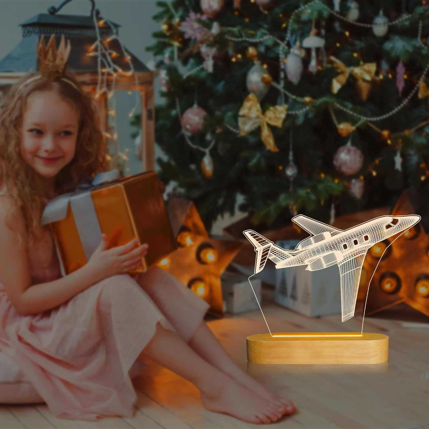 Airplane Night Light 3D Illusion Lamp, Soft Warm Colors Wood Table Lamp for Boys Pilot Gifts Birthday Gifts with USB Power(Plane) image number 2