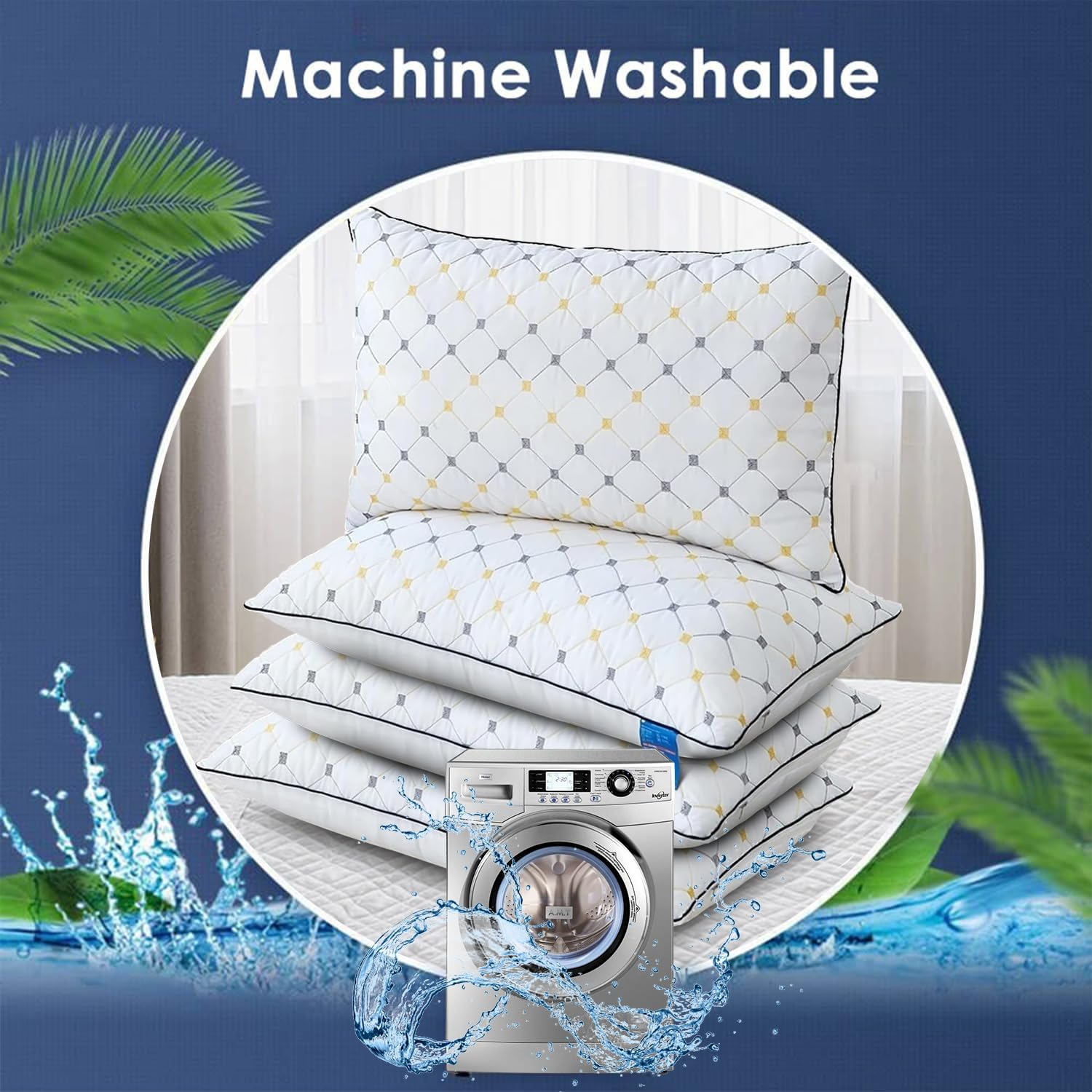 4-Pack Queen Bed Pillows for Sleeping &ndash; Hotel Quality, Hypoallergenic, Soft & Supportive, Medium Height Pillow, Checked Pattern, Removable Cotton Covers, Machine Washable &ndash; 74X48Cm image number 3