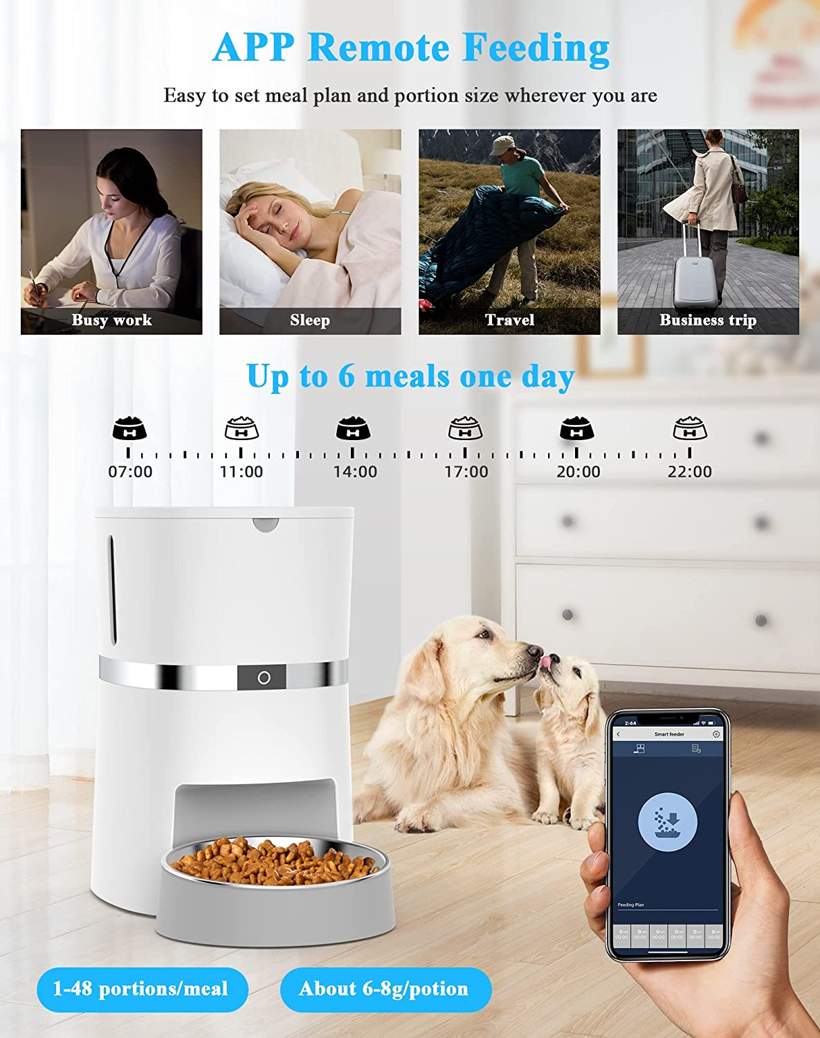 Automatic Cat Feeder, Welltobe Timed Pet Feeder Dry Food Dispenser for Cats & Dogs with Desiccant Bag, Programmable Portion Control, 10S Meal Call,1-6 Meals per Day, Dual Power, Stainless Bowl (S36) image number 1