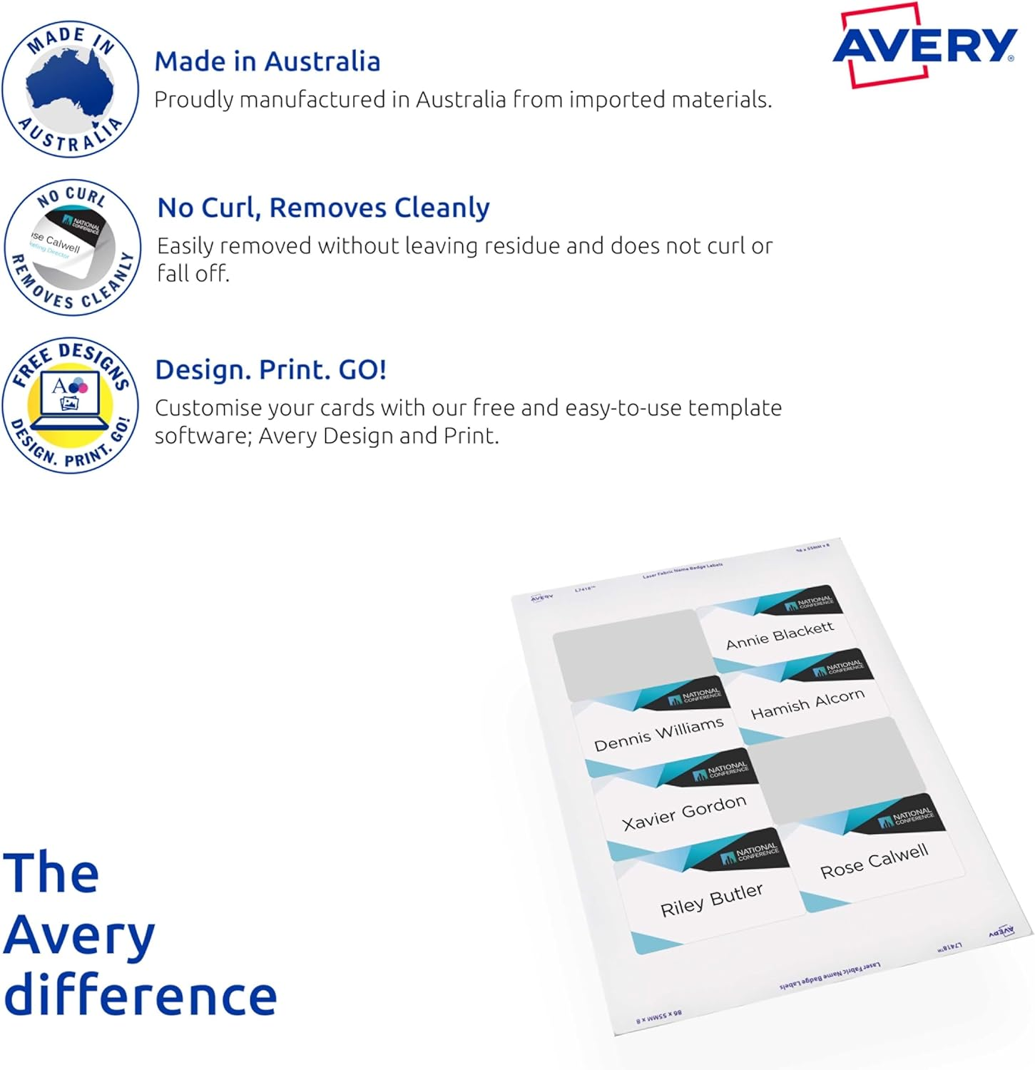 Avery Australia Printable Fabric Name Badge Labels - Personalised Name Tags - 405 Self Adhesive Naming Stickers for Laser Printers - White 235 GSM - 55.5 X 86.5 Mm, 15 X A4 Sheets - 959171 / L7418