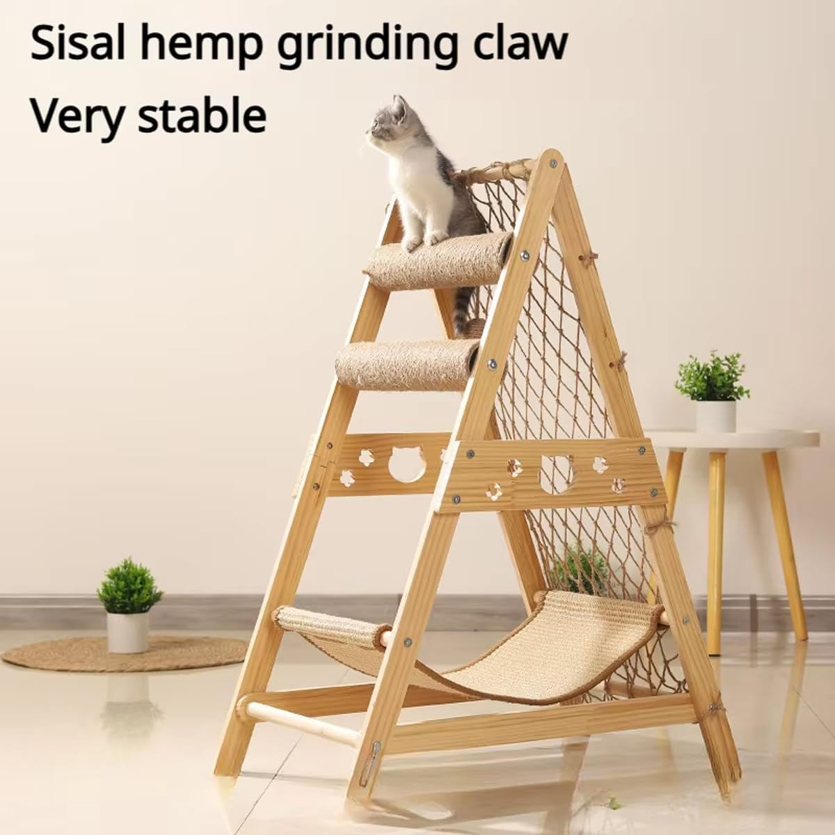 AIMALL Multifunctional Sisal Cat Climber with Hammock, Scratching Posts, and Play Ball - Durable Wood Cat Climbing Tower for Active Cats and Kittens - 33.5 Inch Tall