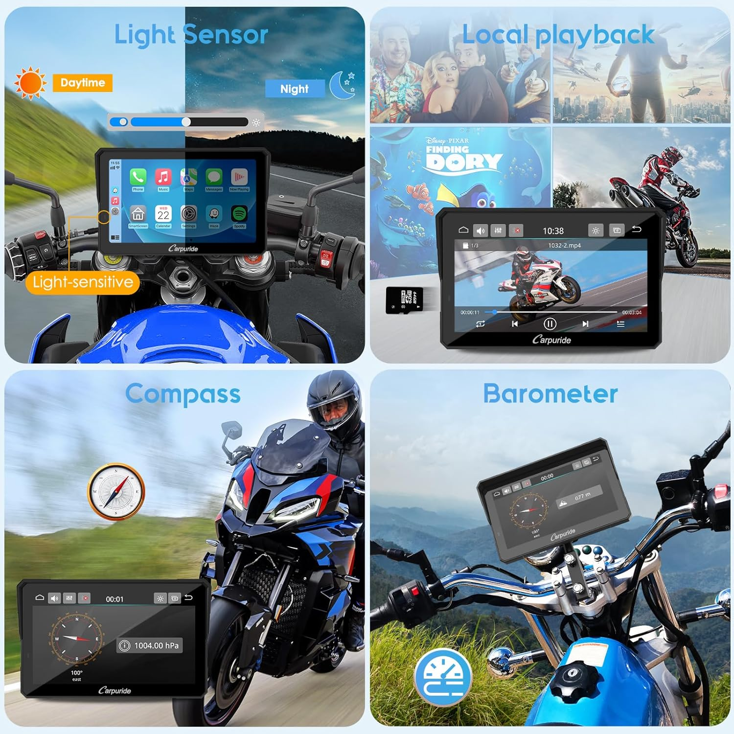 Carpuride W702PRO for Motorcycle Carplay& Android Auto& Dual Bluetooth - 7" Waterproof GPS Navigation Screen for Motorbike, Music Sharing, Intercom, EQ, Light Sensor, Compass, Barometer image number 6