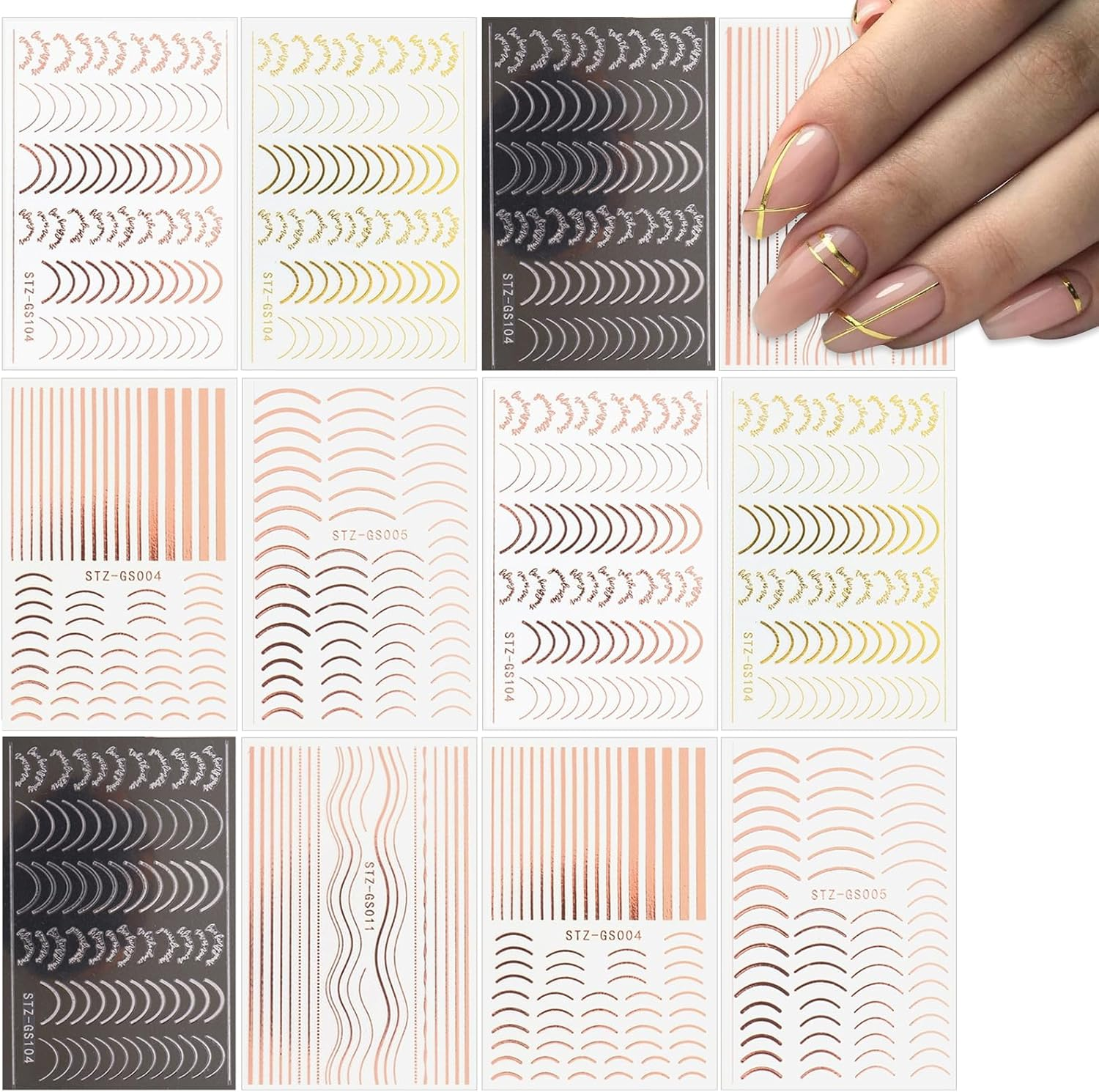 12 Sheets Line Nail Art Stickers, Rose Gold & Silver Metallic Self-Adhesive 3D Curve, Stripe, Wave Decals, French Nail Designs, Nail Art Supplies for Women & Girls image number 3