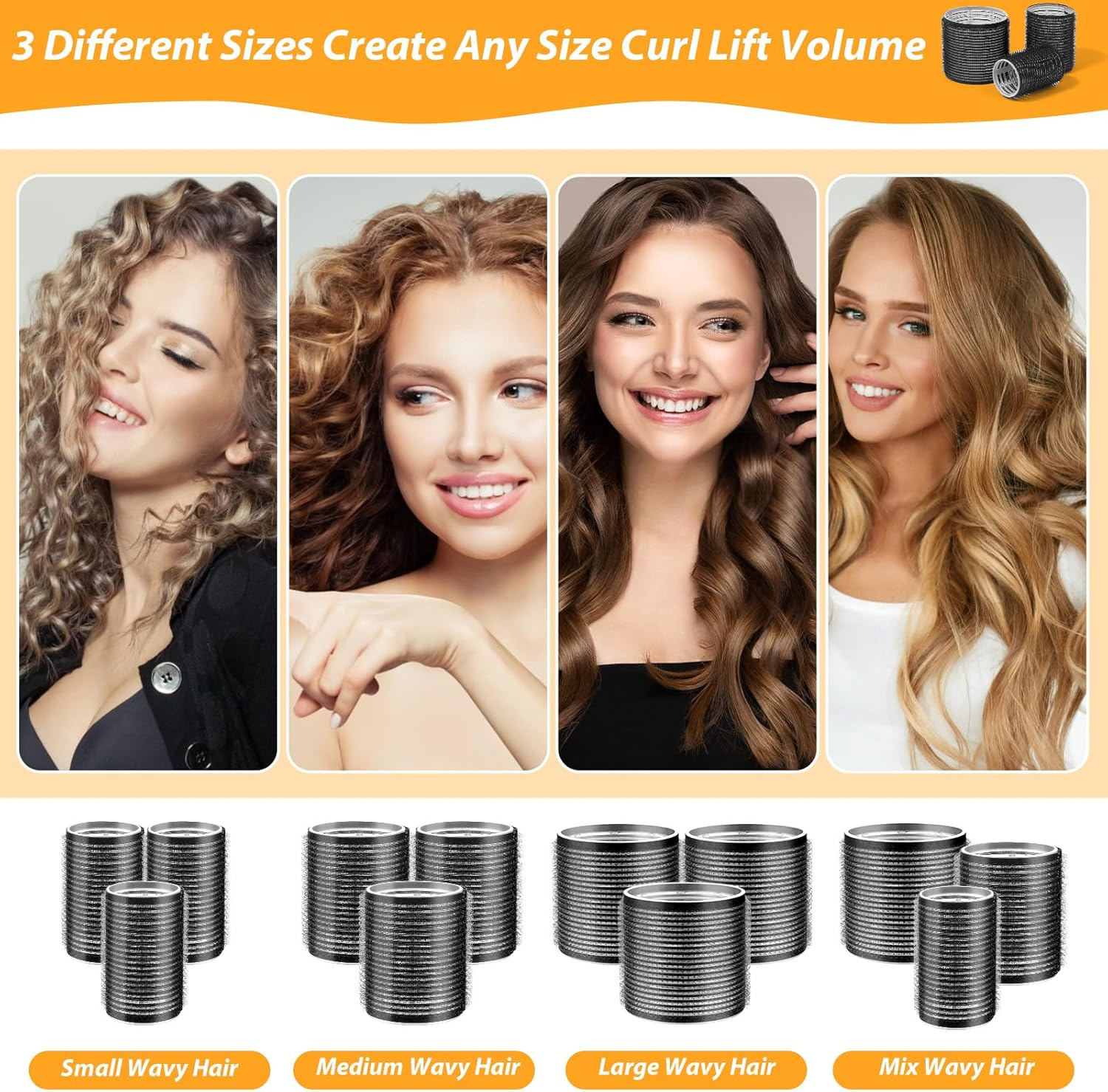 39PCS Self Grip Hair Rollers Curlers 3 Sizes Black Hair Roller 2.5In, 1.9In, 1.4In, Jumbo Curlers Roller with 12PCS Duckbill Clips Hair Rollers for Long Medium Short Thick Fine Volume Bangs