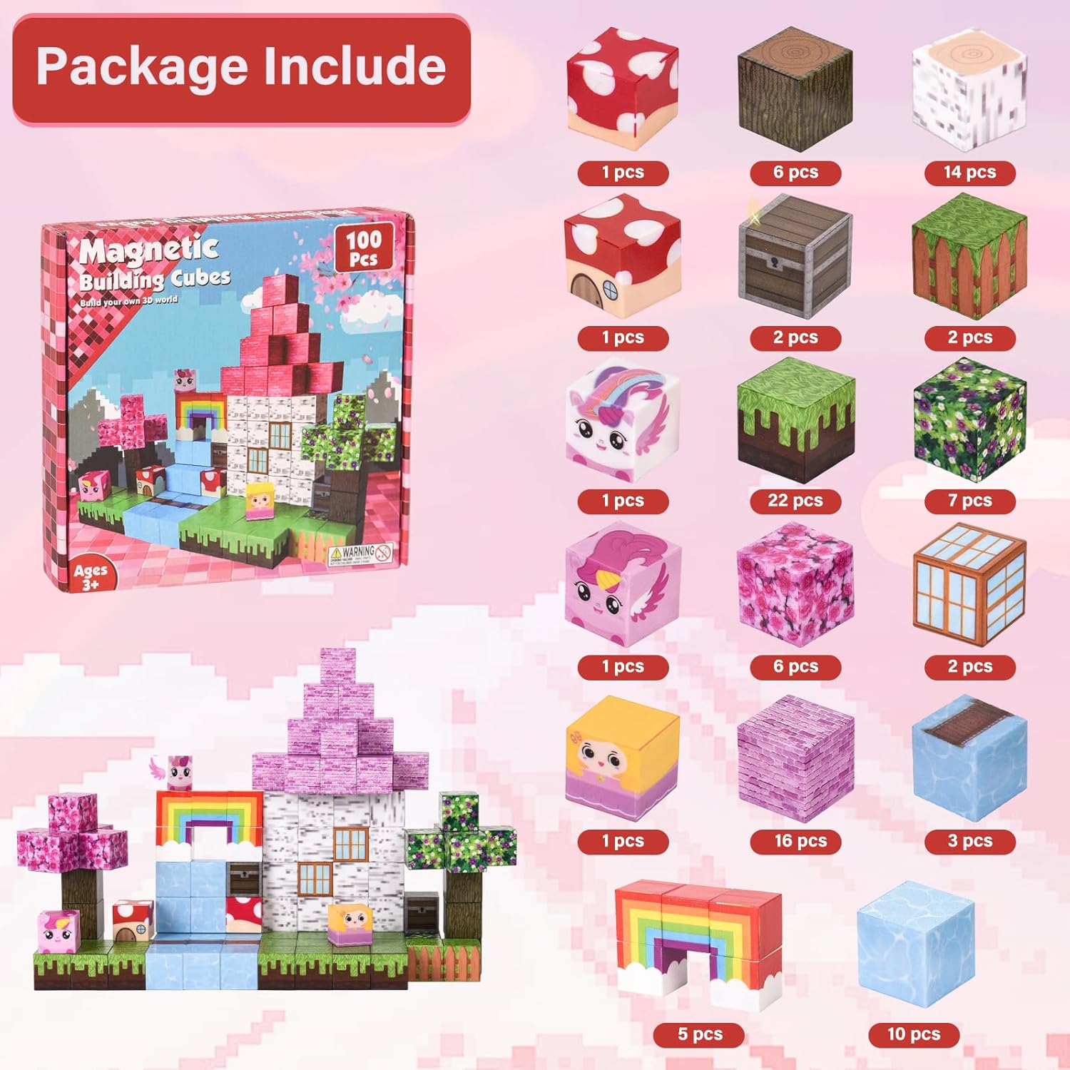 Magnetic Blocks 100PCS Unicorn Themed, Milliefun Magnetic Building Blocks 2 * 2CM, Toddler STEM Montessori Sensory Toys for Age 3 4 5 6 7 8 Years Old Boys & Girls, Kids Christmas Birthday Gifts image number 3