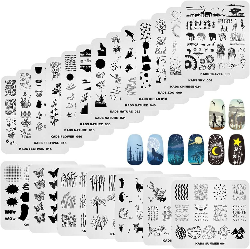 KADS 20Pcs Nail Stamp Plates Set - Leaves, Flowers, Animal Nail Art Templates (20 Pcs) image number 3
