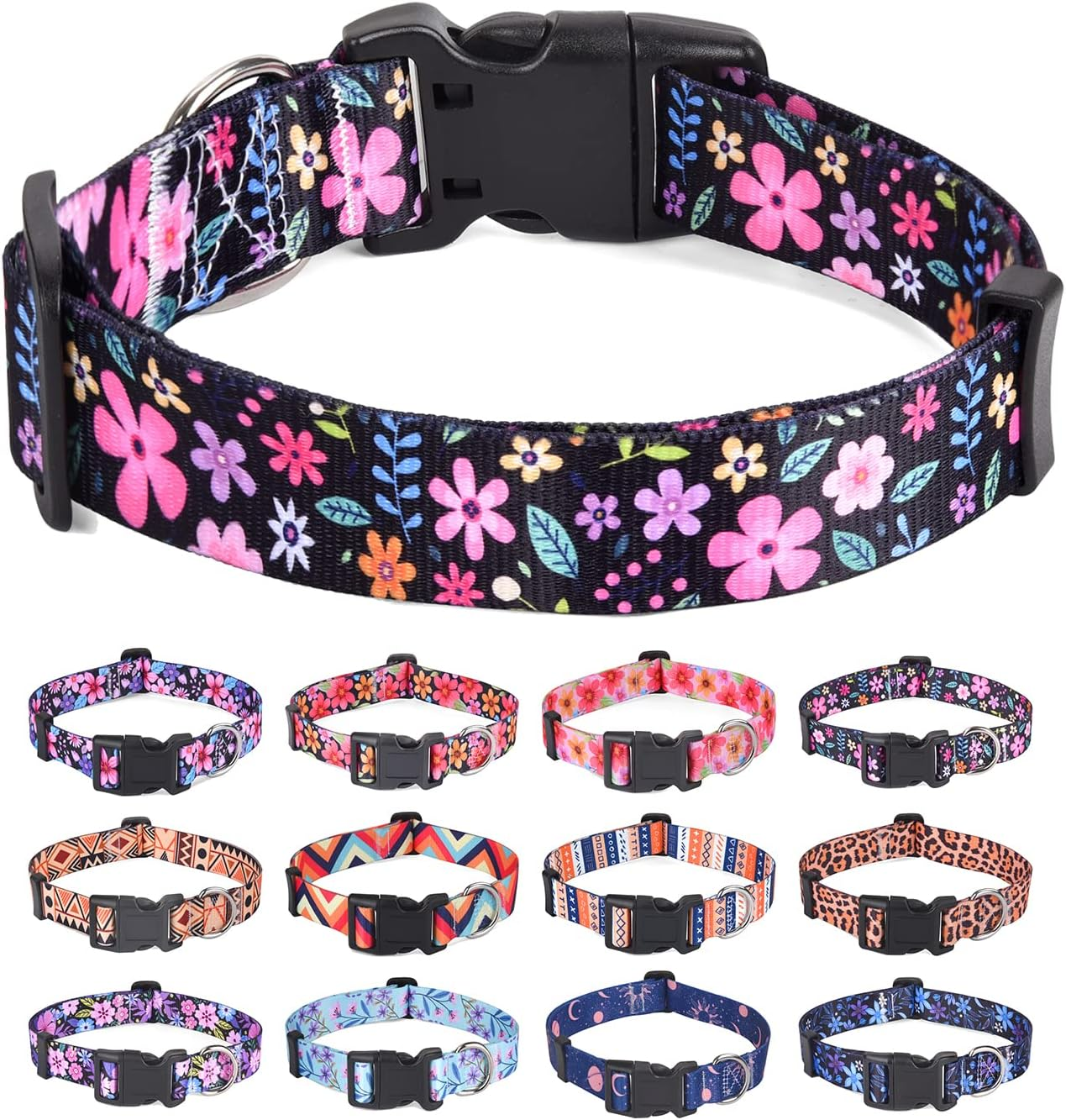 HQYDDMI Dog Collars with Floral Print, Soft Comfortable Adjustable Collars for Small Medium Large Dogs, Floral Pattern for Girl Boy Dogs(Pink Floral,L)