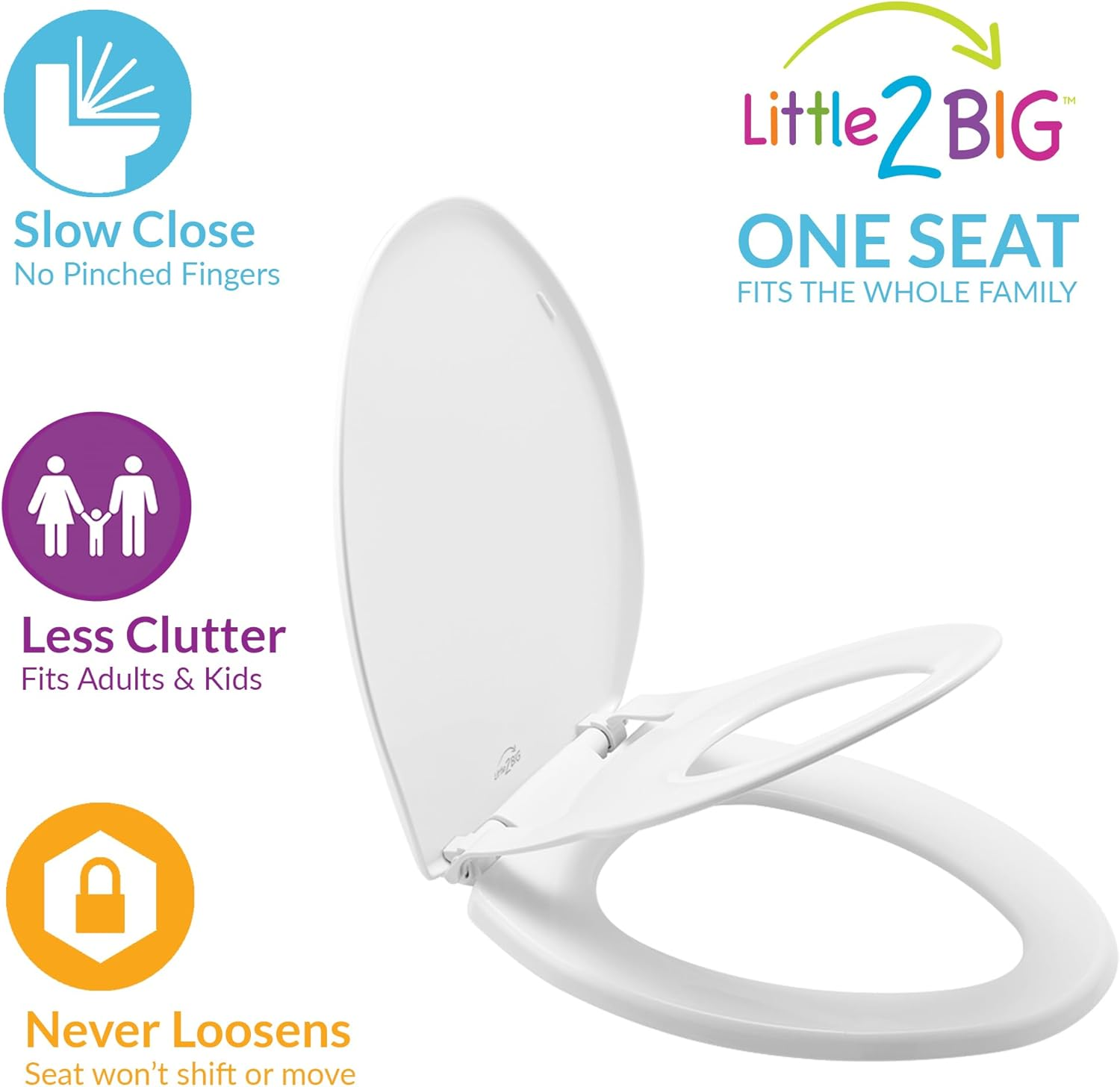 Little2Big 1881SLOW 000 Toilet Seat with Built-In Potty Training Seat, Slow-Close, and Will Never Loosen, Elongated, White image number 5