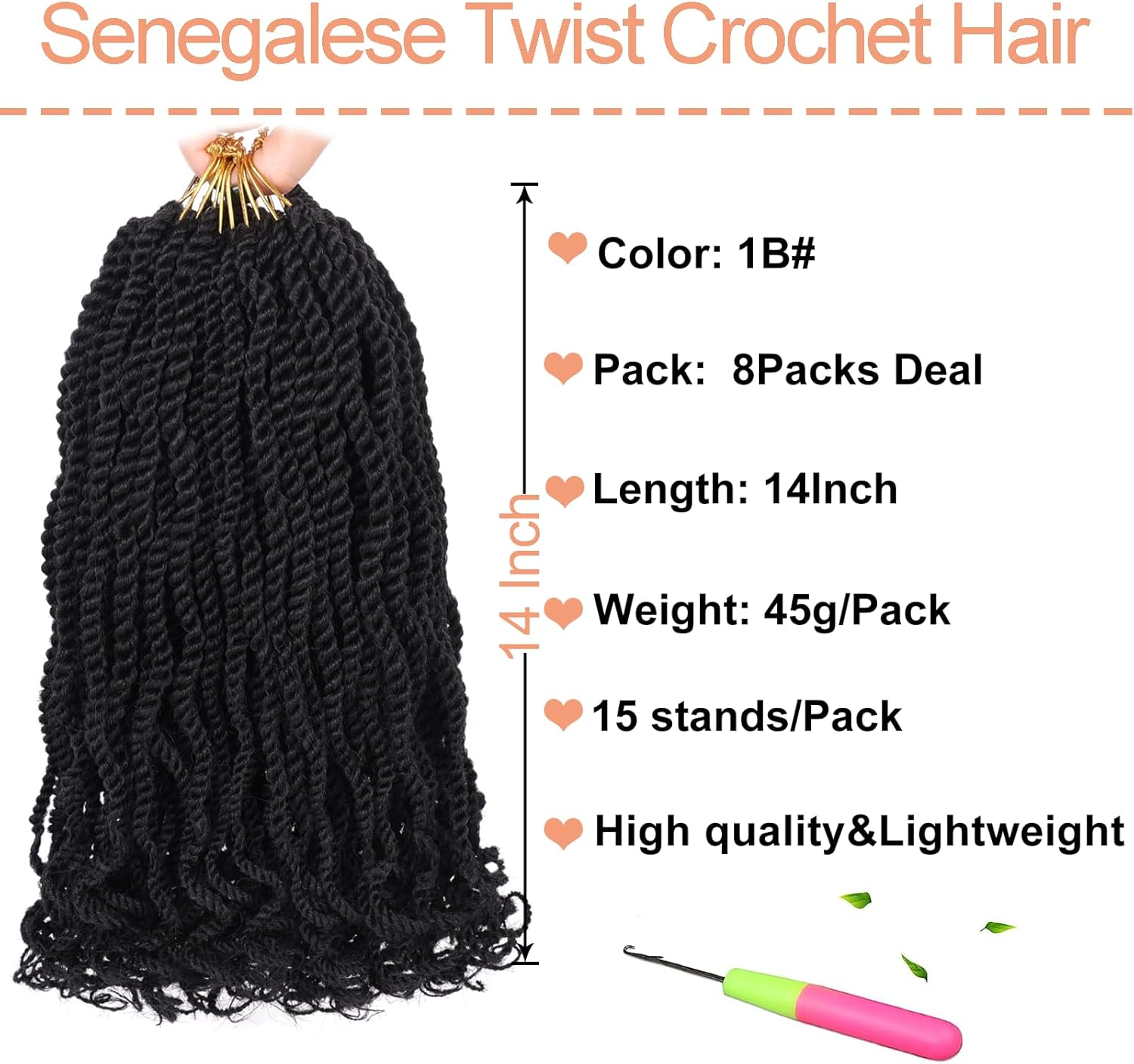 Mscat 14 Inch Wavy Senegalese Twist Crochet Hair, 8 Pack Synthetic Short Pre Looped Kids Crochet Braids with Curly Ends, Pre Twisted Small Havana Twist Braiding Hair for Black Women 1B# image number 3