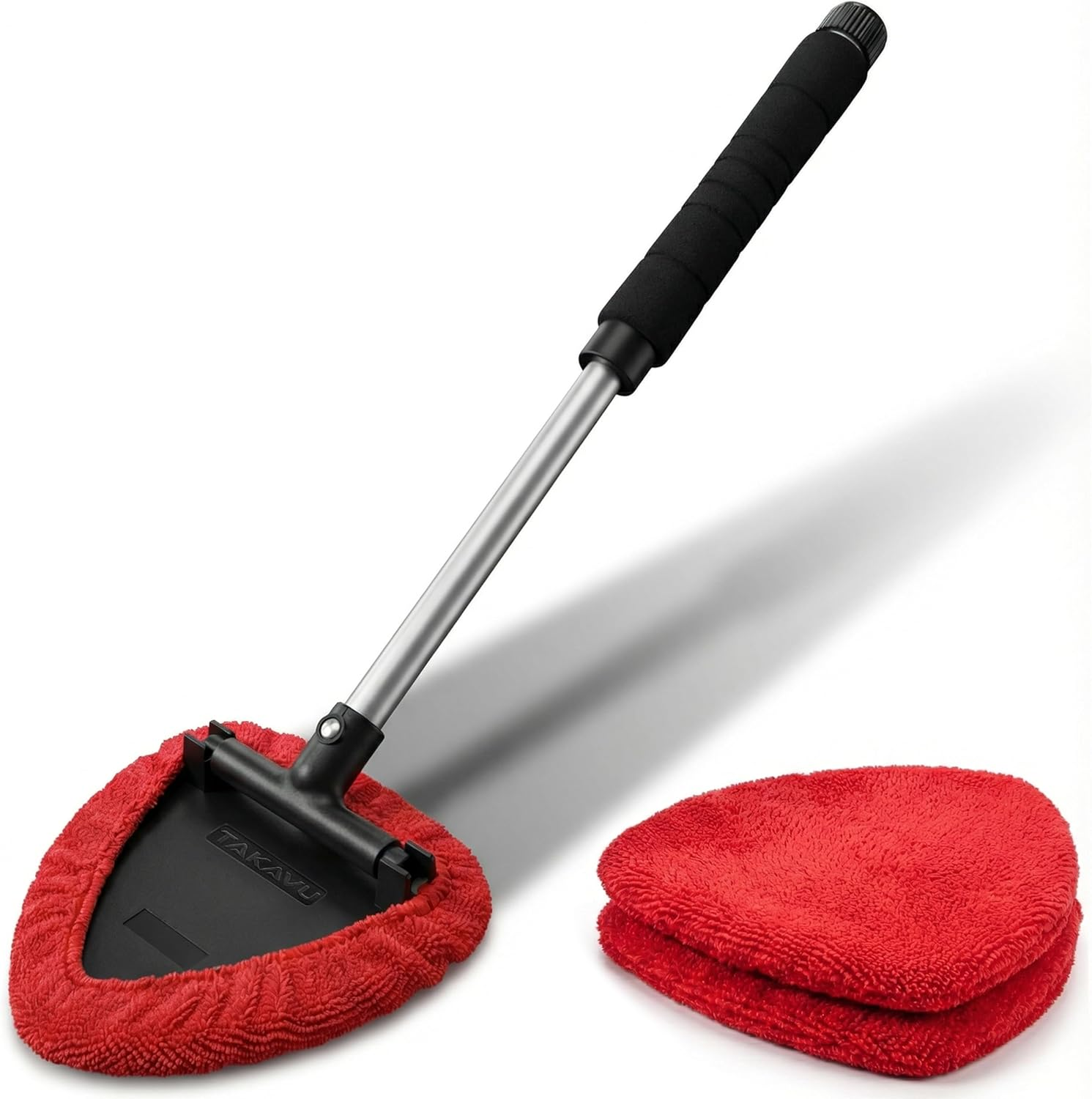 TAKAVU Car Window Cleaning Tool, Windshield Wiper Cleaner with Extendable Long-Reach Handle, 3 Washable Reusable Microfiber Bonnets, Car & Home inside Interior Exterior Use - Lint Free (Green)