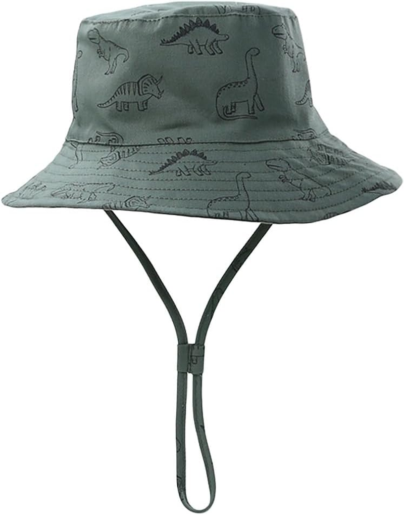 AIMALL Spring Summer Baby Sun Hat Cartoon Dinosaur Print, Wide Brim Sun Protection Fisherman Hat with Adjustable Chin Strap, Lightweight Breathable Cotton
