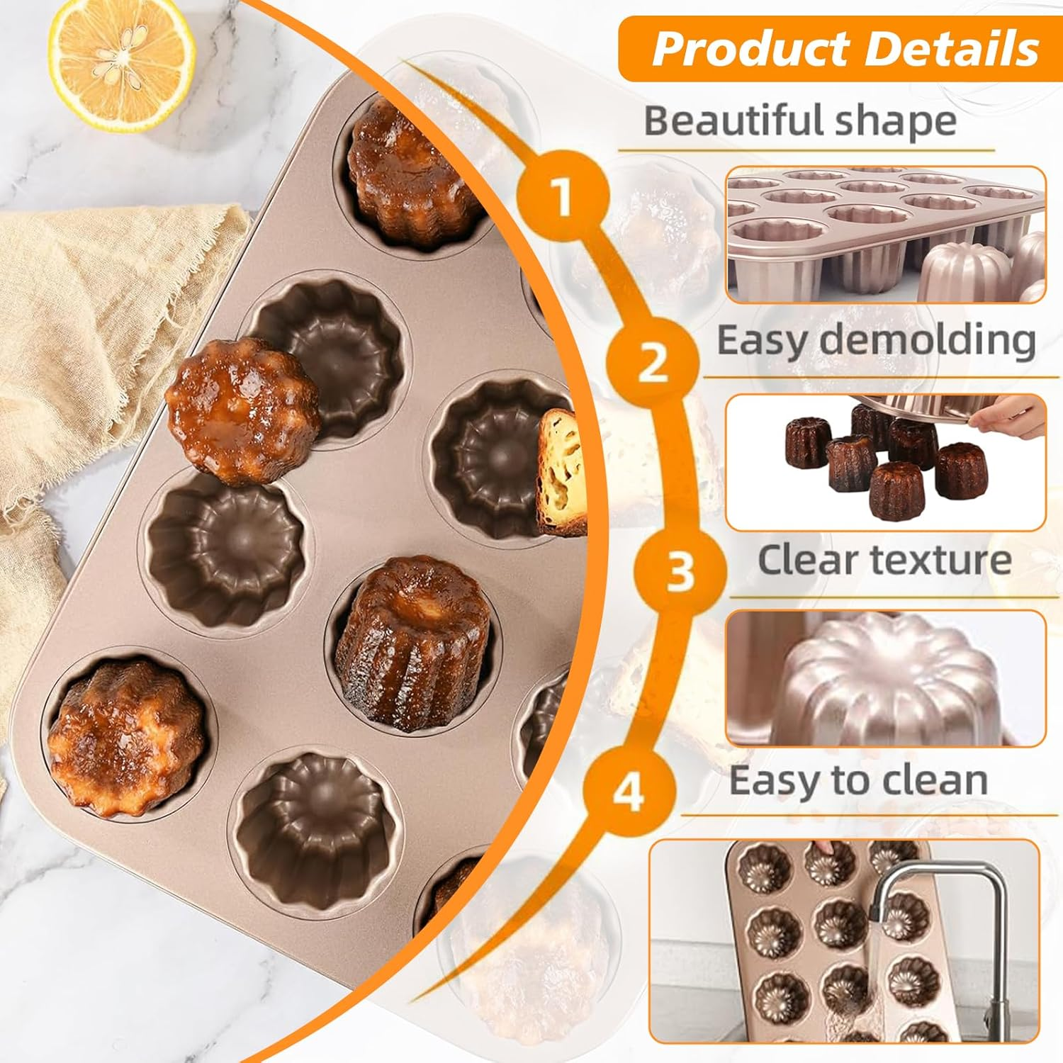 Canele Mold Cake Pan Non-Stick Carbon Steel Canel&eacute;s Baking Pan for Oven, Professional French Pastry Molds for Homemade, Muffin Cupcake, Heavy Duty Bakeware with Smooth Release (12-Cavity) image number 5