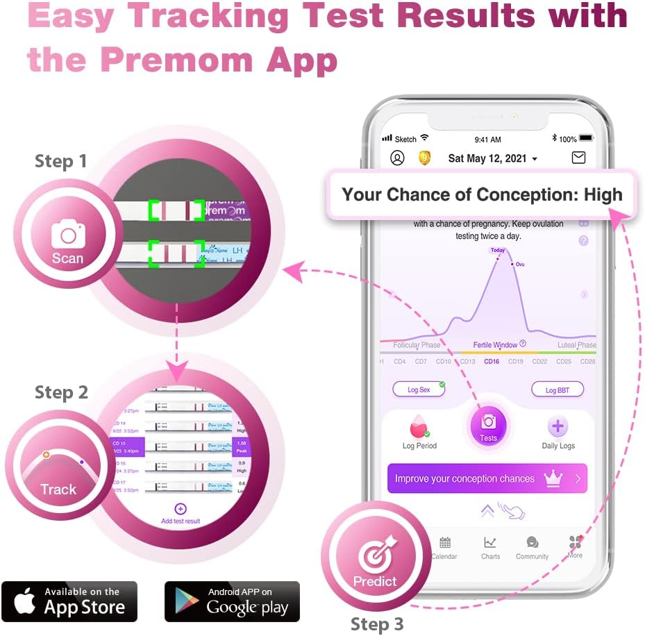 Pregnancy Detection Test Strips Kit: Easy@Home 20 HCG Tests 10Miu/Ml Powered by Accurate Fertility Tracker Ios and Android Premom App image number 5