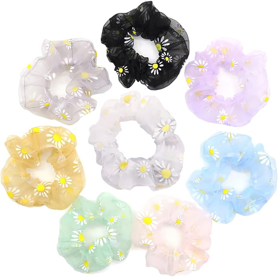 JIHUOO Pack of 8 Daisy Organza Hair Bobbles Flower Hair Scrunchies Elastic Hair Bobbles Hair Bands Hair Accessories for Girls Women image number 6