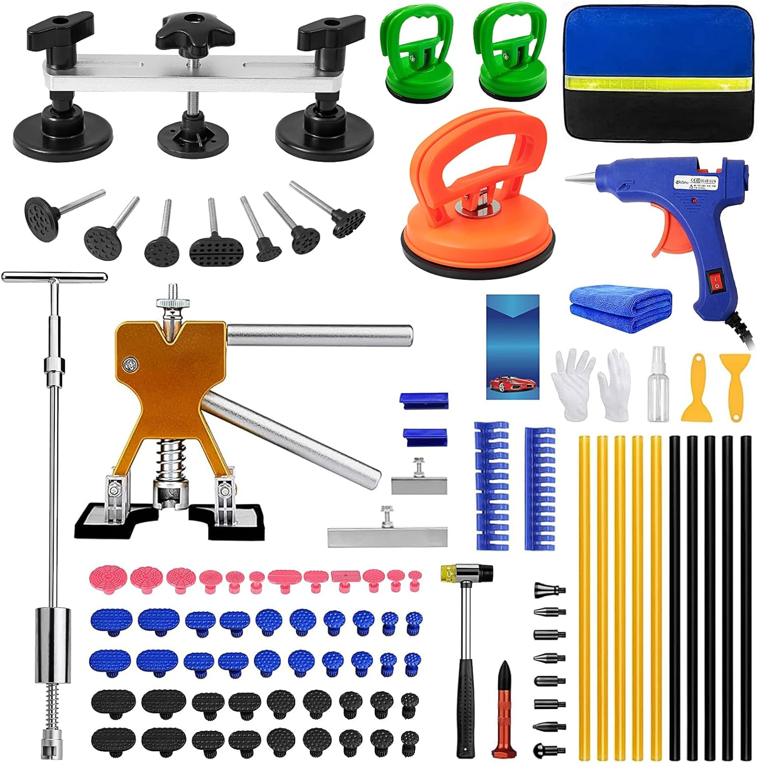 97Pcs Dent Puller Kit, Paintless Dent Removal Kit for Dent Repair, Dent Repair Kit with Golden Lifter, Slide Hammer T-Bar, Bridge Puller, Car Dent Puller Kit for Auto Hail Damage Door Ding image number 2