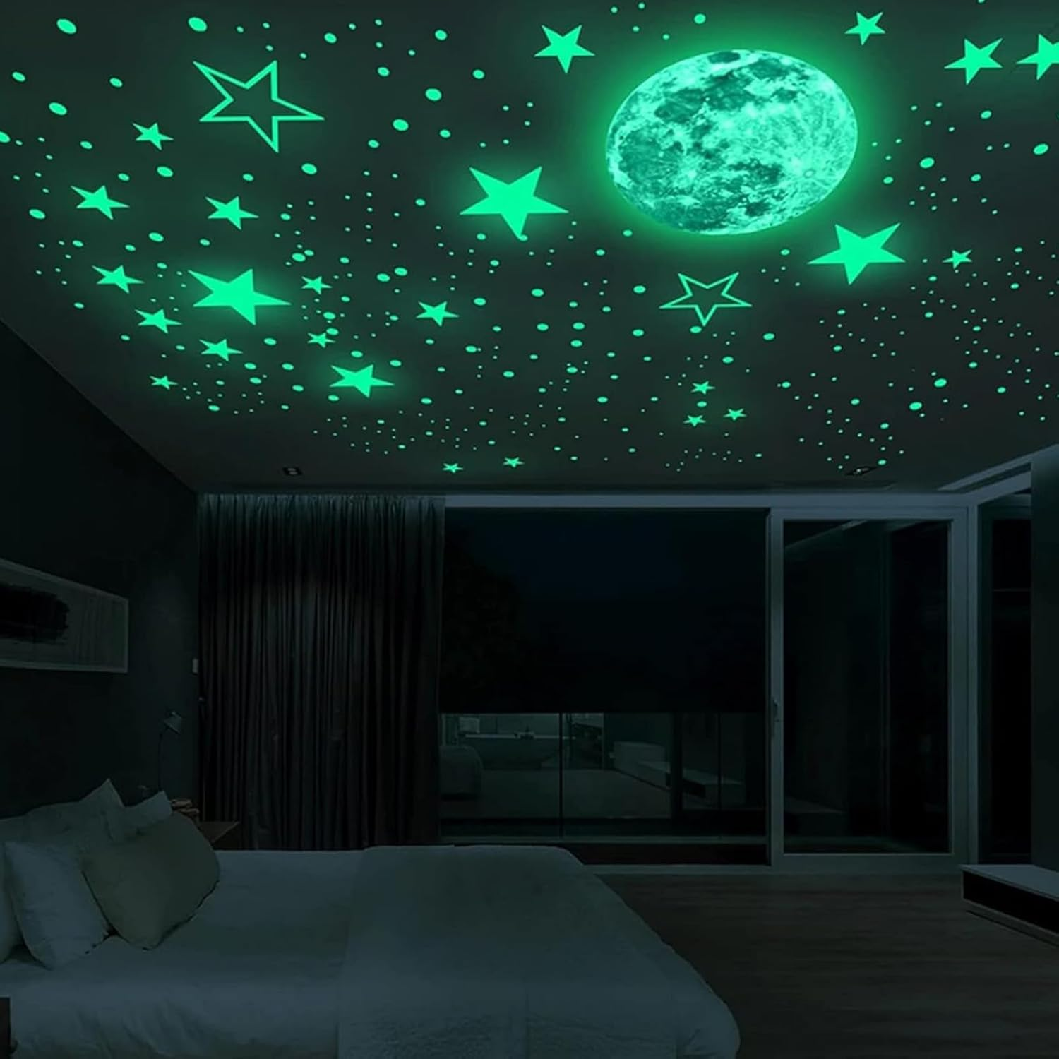 Glow in the Dark Wall Stickers,435 Pcs Glow in the Dark Stars and Moon Wall Decals,Star Stickers,For Ceiling or Walls,For Kids Boys Girl Bedroom,Bedroom Living Room Decoration (Green) image number 1