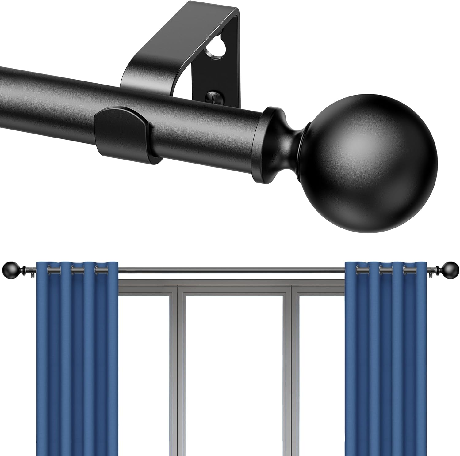 Curtain Rods 213 Cm, 235-Cm Rod Adjustable Length Heavy Duty Decorative Finials Diameter 2.2 Cm,Black image number 2