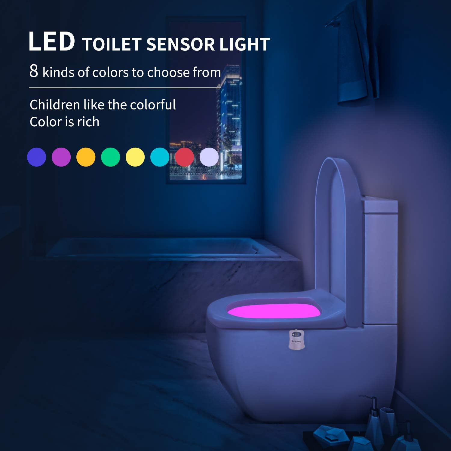Aanrasey Toilet Night Light, Toilet Bowl Light, Motion Sensor Activated LED Night Light, 8-Color Toilet Light up for Bathroom Decor, Kids Bathroom Set Cool Stuff (2 Pack) image number 1