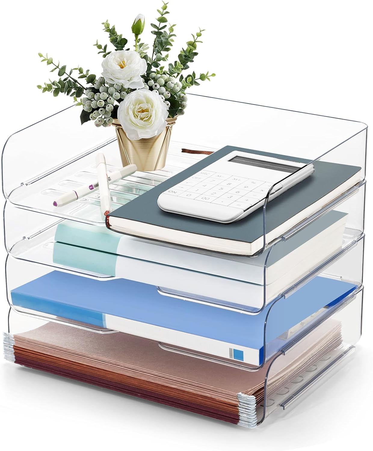 Desk Organiser and Storage, 4-Tier Paper Letter Tray Organiser, Stackable White Desktop Organiser, Storage Compartments, Stackable Order for Documents, Paper, Book Magazine, Office Supplies （4 Pack）