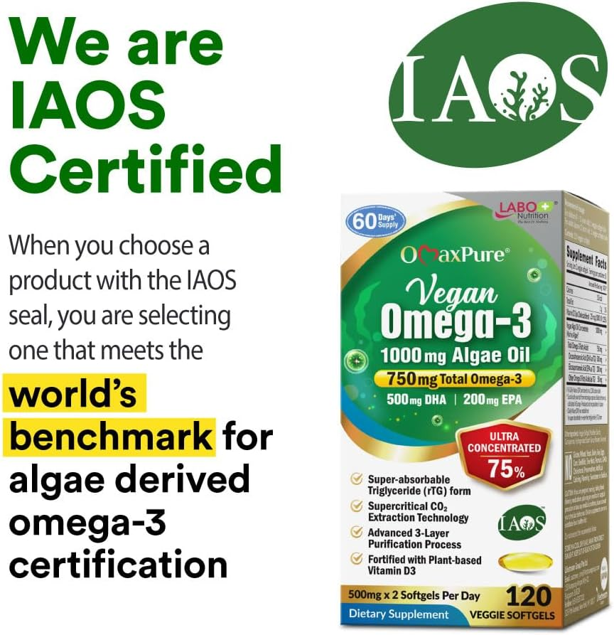 LABO Nutrition Vegan Omega 3 Algae Oil - Plant Based Fish Oil Alternative 750Mg Omega-3 500Mg DHA & 200Mg EPA - Non-Gmo & IAOS Certified - Heart, Brain, Eye, Immune, Joint Support 120 Softgels image number 5