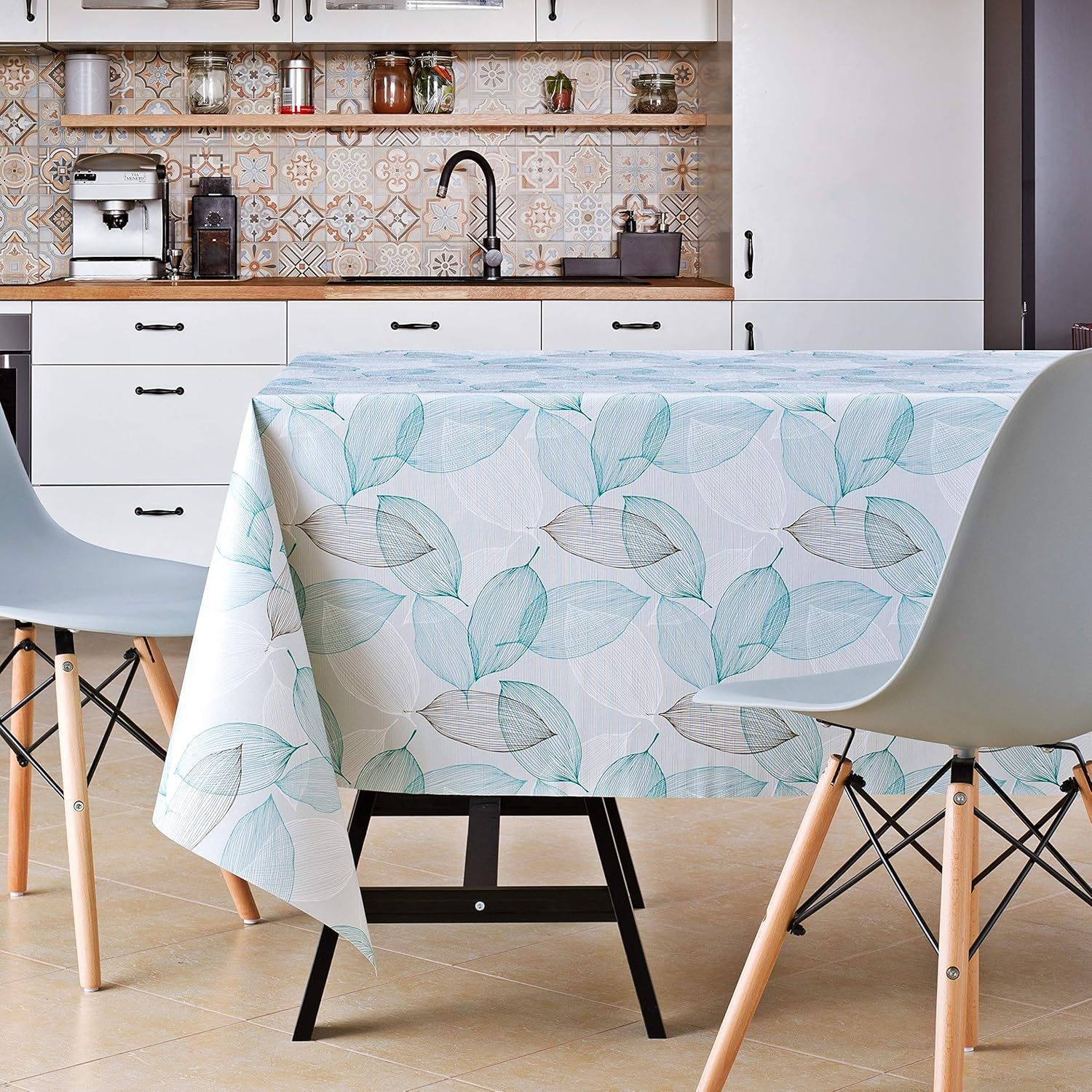 KP HOME Modern PVC Table Cloth Wipe Clean Tablecloth Grey and Teal Leaves Pattern Plastic Table Cover - Wipeable Table Cloth Rectangle PVC Table Cloth 200 X 140 Cm Botanic Leaf Design Ocean Blue