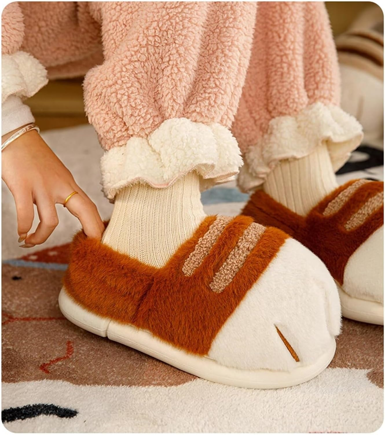 Women & Girl Cat Paw Slippers Plush Fuzzy Slip-On House Shoes with Memory Foam Washable Indoor image number 2