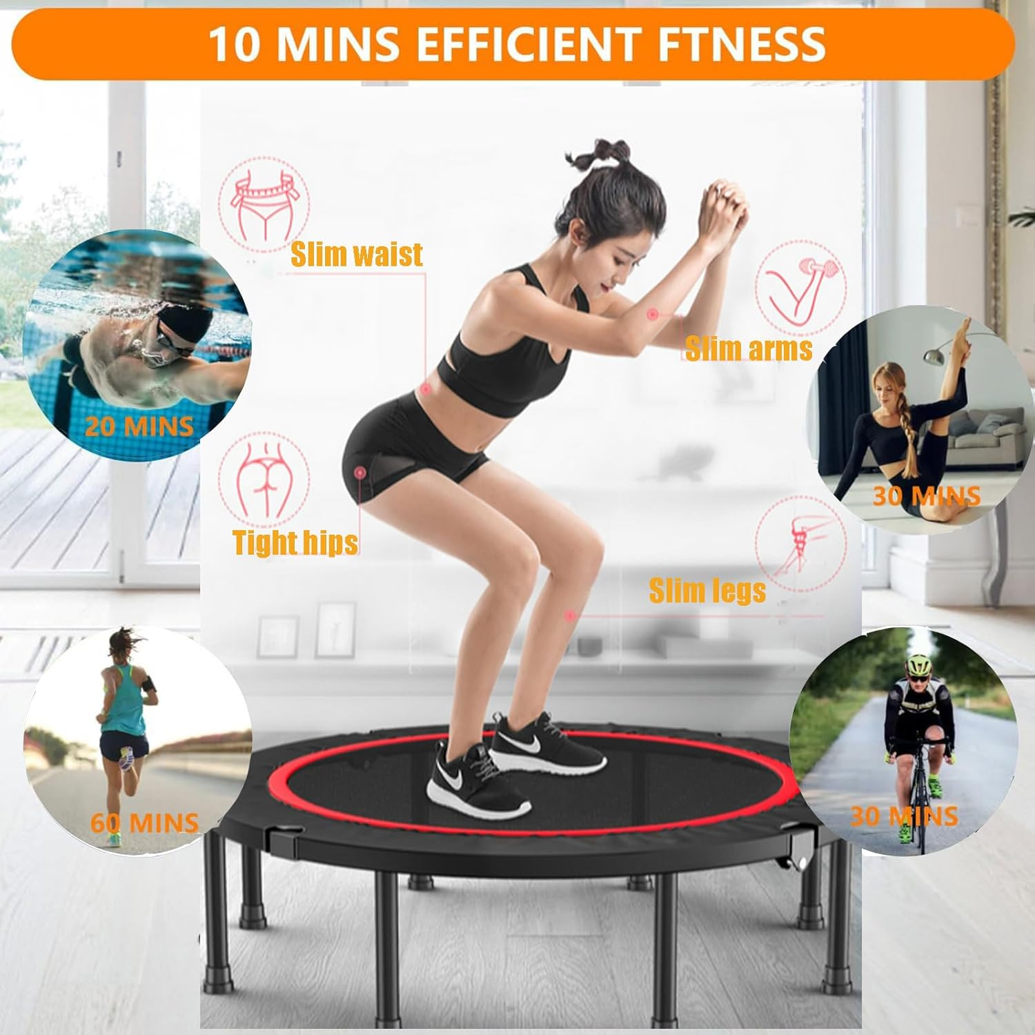 48" Foldable Mini Trampoline with Adjustable Non-Slip Handle Bar, Thick Steel Spring Fitness Exercise Workout Rebounder Trampoline for Adults Kids Indoor Outdoor Workouts Fitness up to 300Kg image number 6