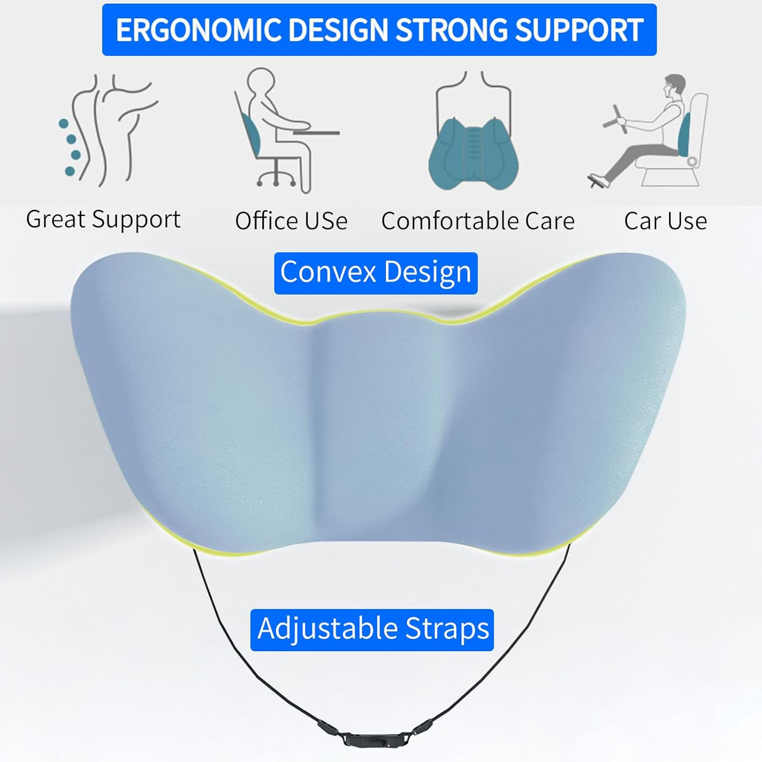 Back Support Pillow for Pain Relief, Lumbar Support Cushion with Adjustable Strap, Soft Memory Foam Lower Back Rest Cushion for Car Seat & Office Chair (Light Blue) - Light Blue image number 3