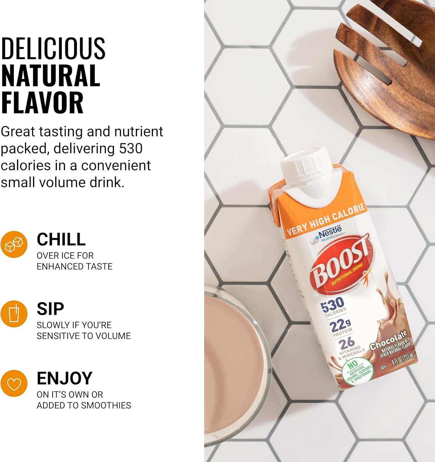 BOOST Very High Calorie Nutritional Drink &ndash; Helps Weight Gain & Maintenance -530 Calories -26 Vitamins & Minerals - 22 G Protein - Variety Pack - Vanilla, Chocolate & Strawberry - 8 Fl Oz (Pack of 24) image number 3