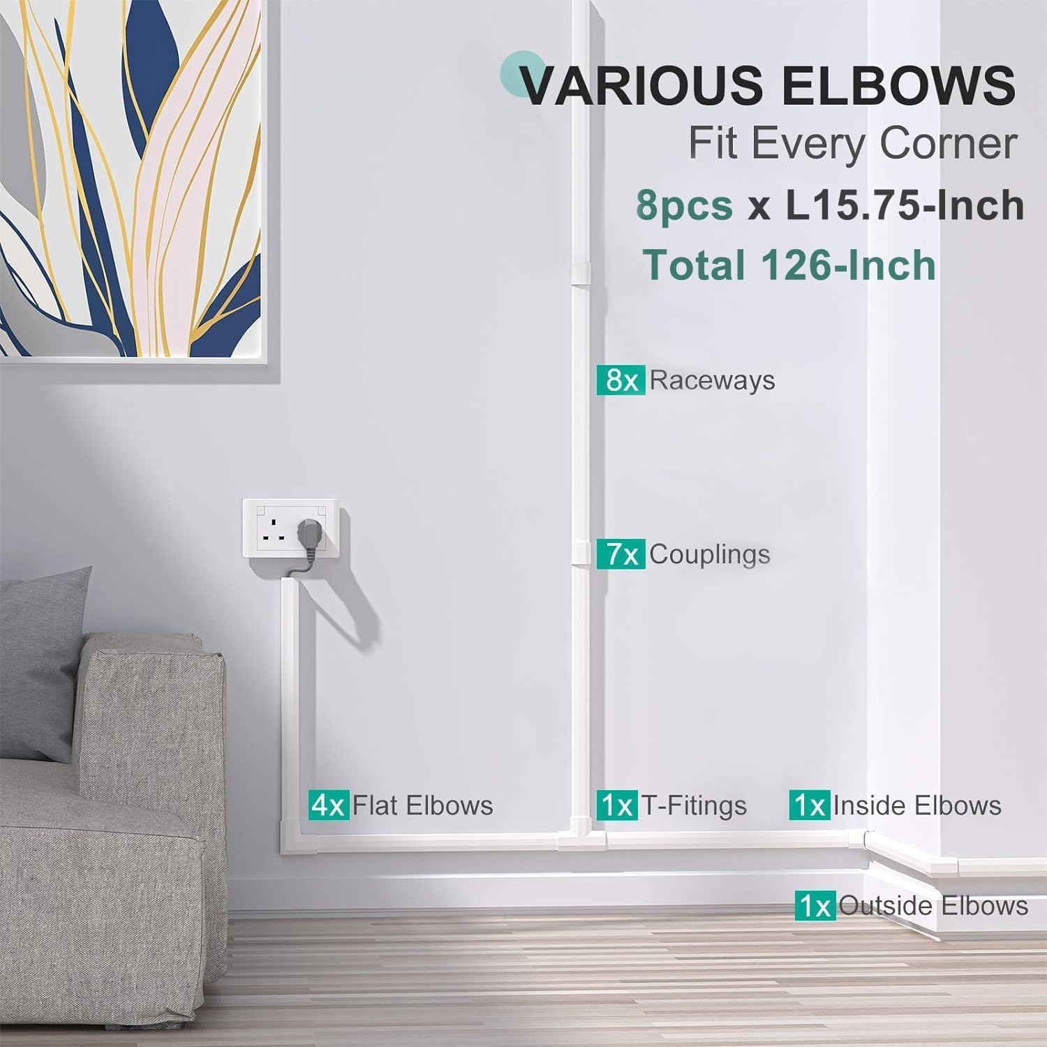 Cord Hider Wall Kit,125.6In Cord Covers for Wires, Cord Cover,Cable Hider Wire Covers for Cords, Wire Hiders for TV on Wall, Easy Set up Cable Cover Cable Management Kit, 8X W0.98 H0.5In image number 2