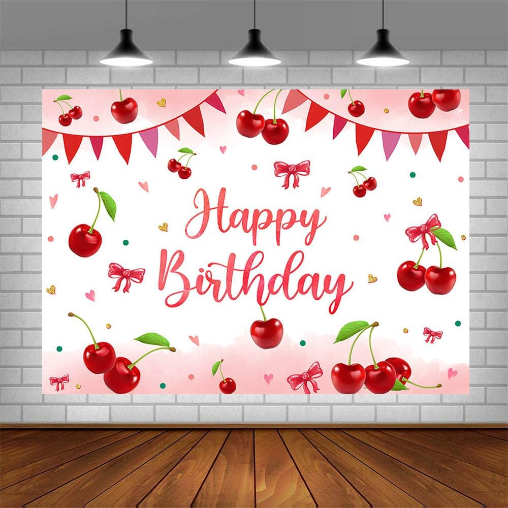 AIBIIN 7X5Ft Cherry Birthday Backdrop Red Bowknot Cherries Girl Birthday Decoration Background Sweet Cherries Banner for Girls Birthday Cake Smash Party Supplies Photo Booth Props image number 1