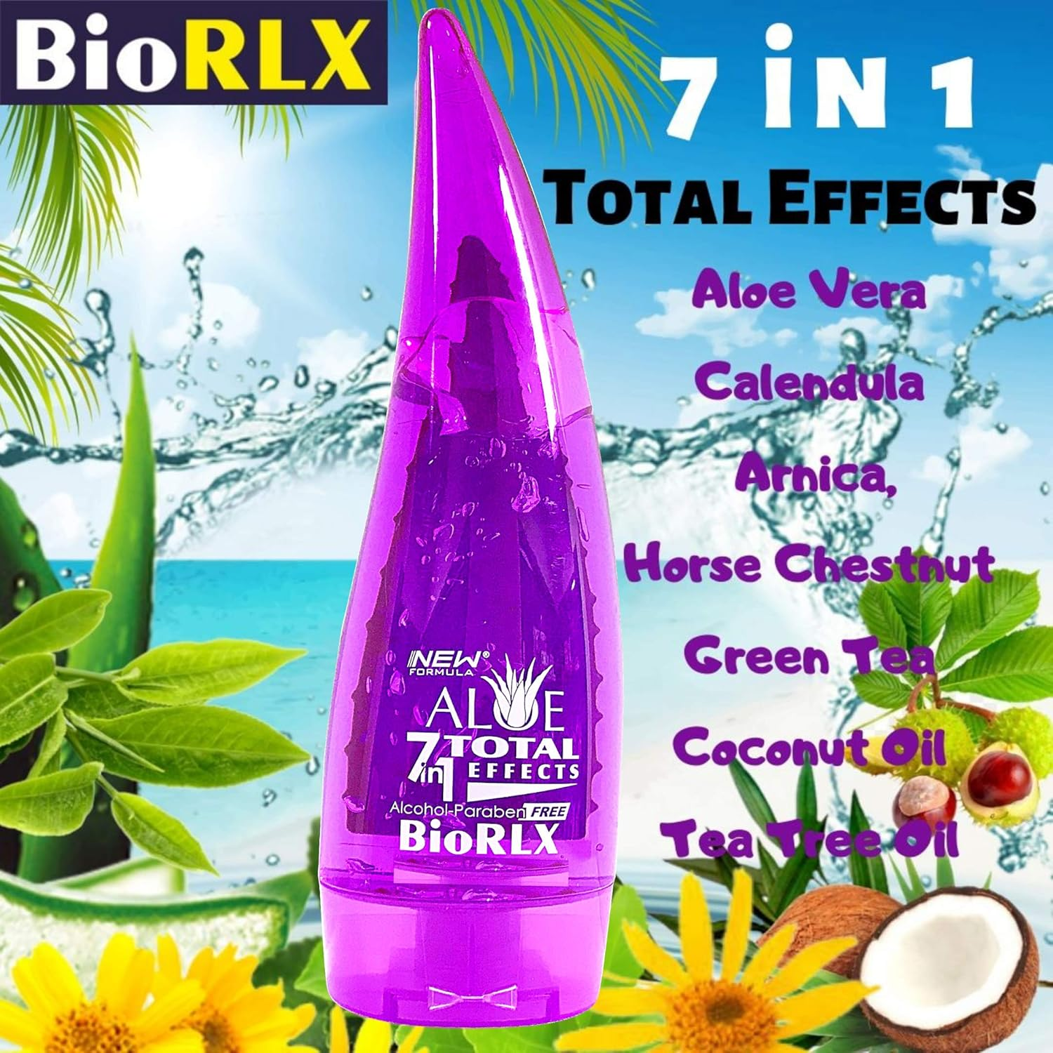 Biorlx 7 in 1 Herbal Total Effects Aloe Vera, Calendula, Arnica, Horse Chestnut, Green Tea, Coconut Oil and Tea Tree Oil for Face and Body (One Bottle 7In1 Gel, 250Ml) image number 3