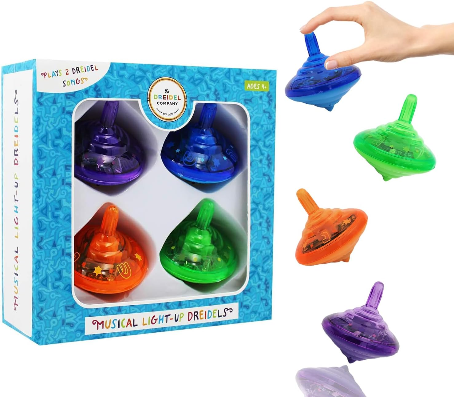 Hanukkah Musical Light-Up Dreidel Spinning Tops Set, Plays 2 Classic Hanukkah Songs, Assorted Colors (4-Pack) image number 1