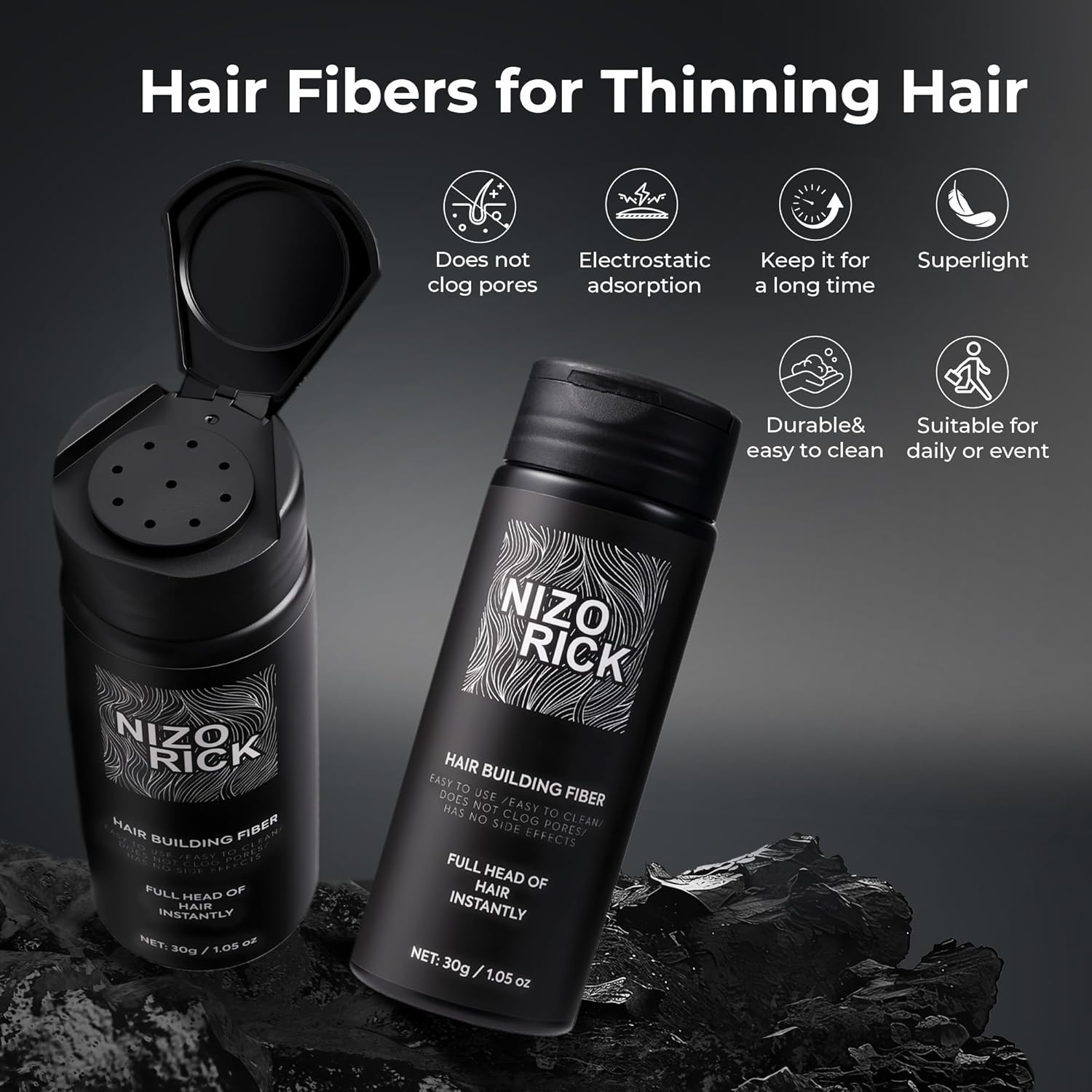 Hair Fibers for Thinning Hair,Hair Building Fibers Instantly Thicker & Fuller Look,Conceals Hair Loss Fill in Fine Hair Powder for Women and Men 30G/1.05Oz (Black)