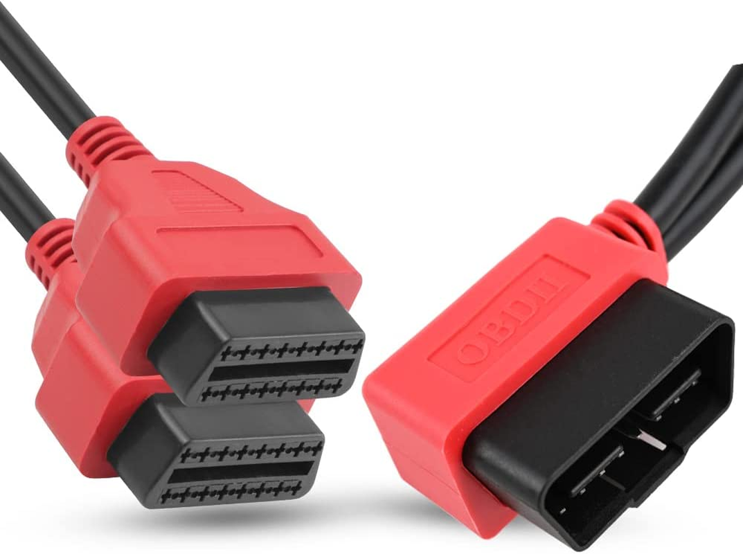 Ikkegol 30Cm/12 Right Angle OBD2 OBD II Y Splitter Cable 1X Male and 2X Female J1962 Port Cord Adapter-Red image number 1