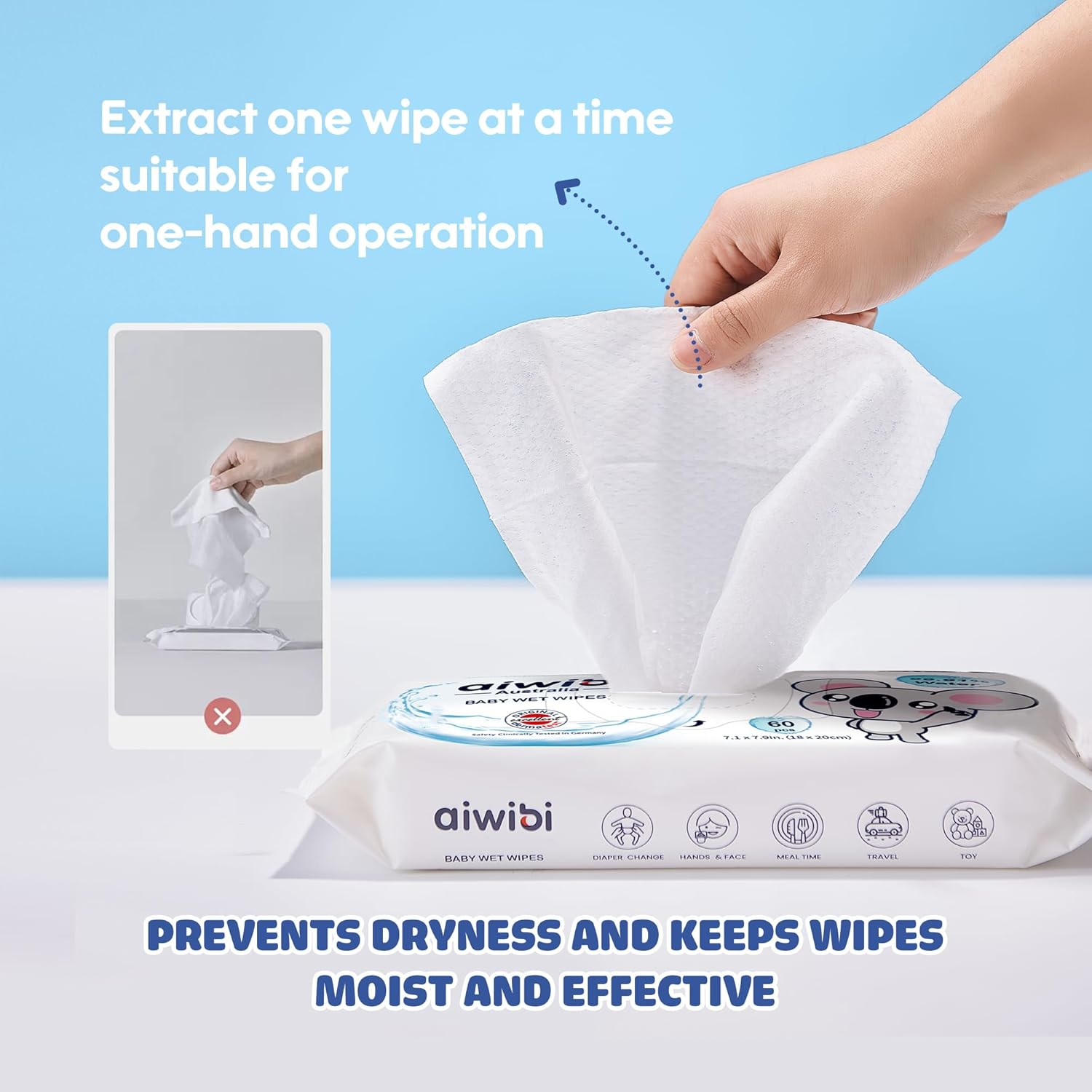 AIWIBI Baby Wipes 99.91% Purified Water, Hypoallergenic for Sensitive Skin, Unscented, Fragrance Free, Newborn Essentials Wet Wipes (720 Count (Pack of 12)) image number 3