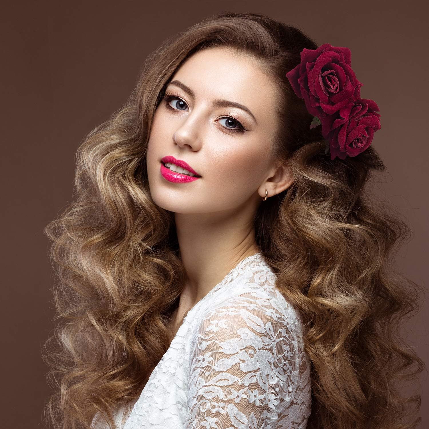 2 Pack Rose Flower Hair Clip, Big Rose Brooch Floral Clips, Flower Hair Accessories for Woman Flamenco Dancer Bridal Party Wedding image number 4